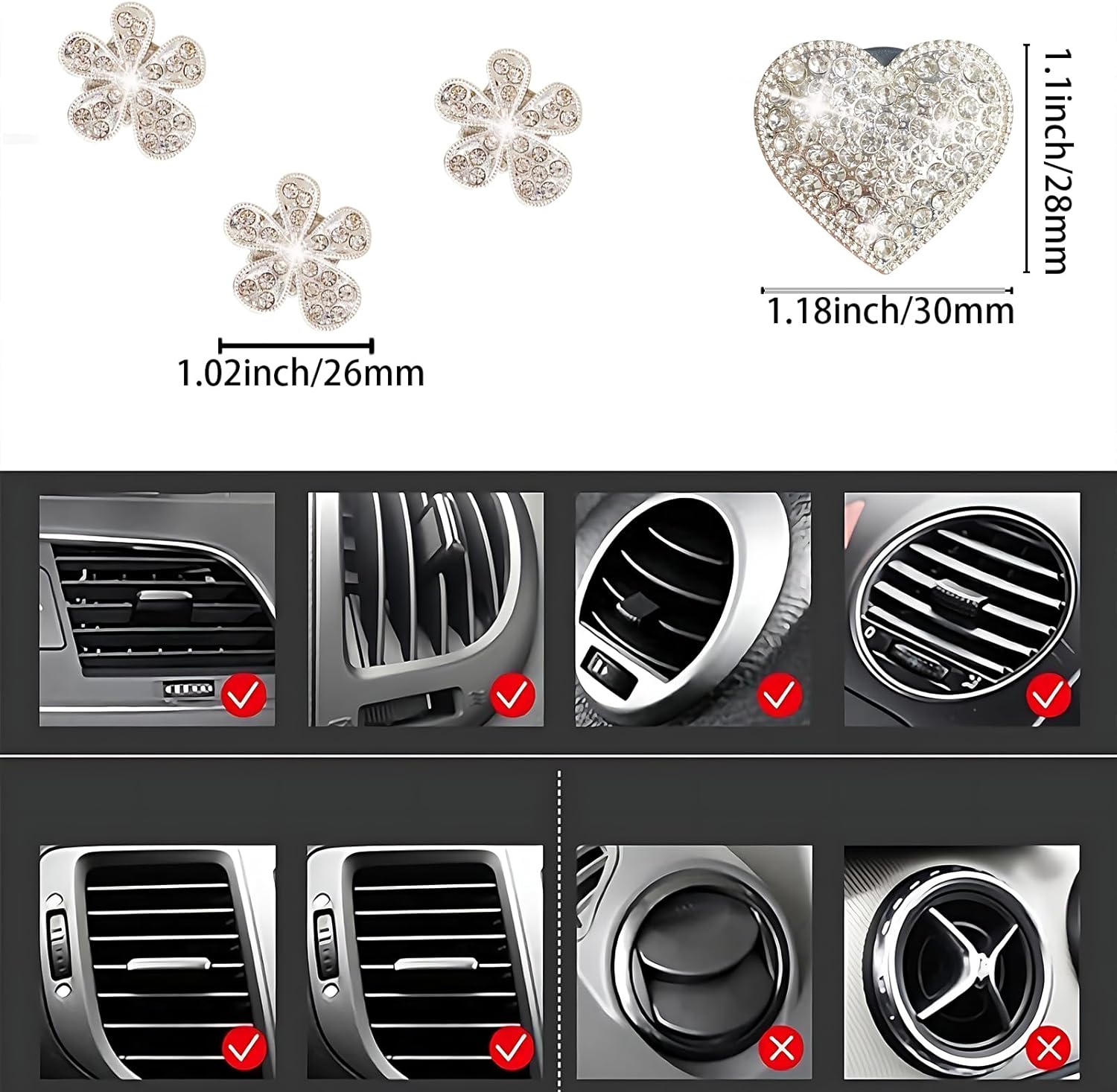 3 clips de ventilación, clips de ventilación brillantes en forma de corazón, difusor de automóvil, decoración interior de automóvil de diamante,