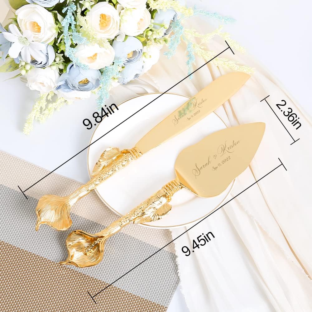 Juego de corte de pasteles para boda, juego de cuchillos y servidores dorados personalizados, juego de servir pastel de pastelería grabado, cortador