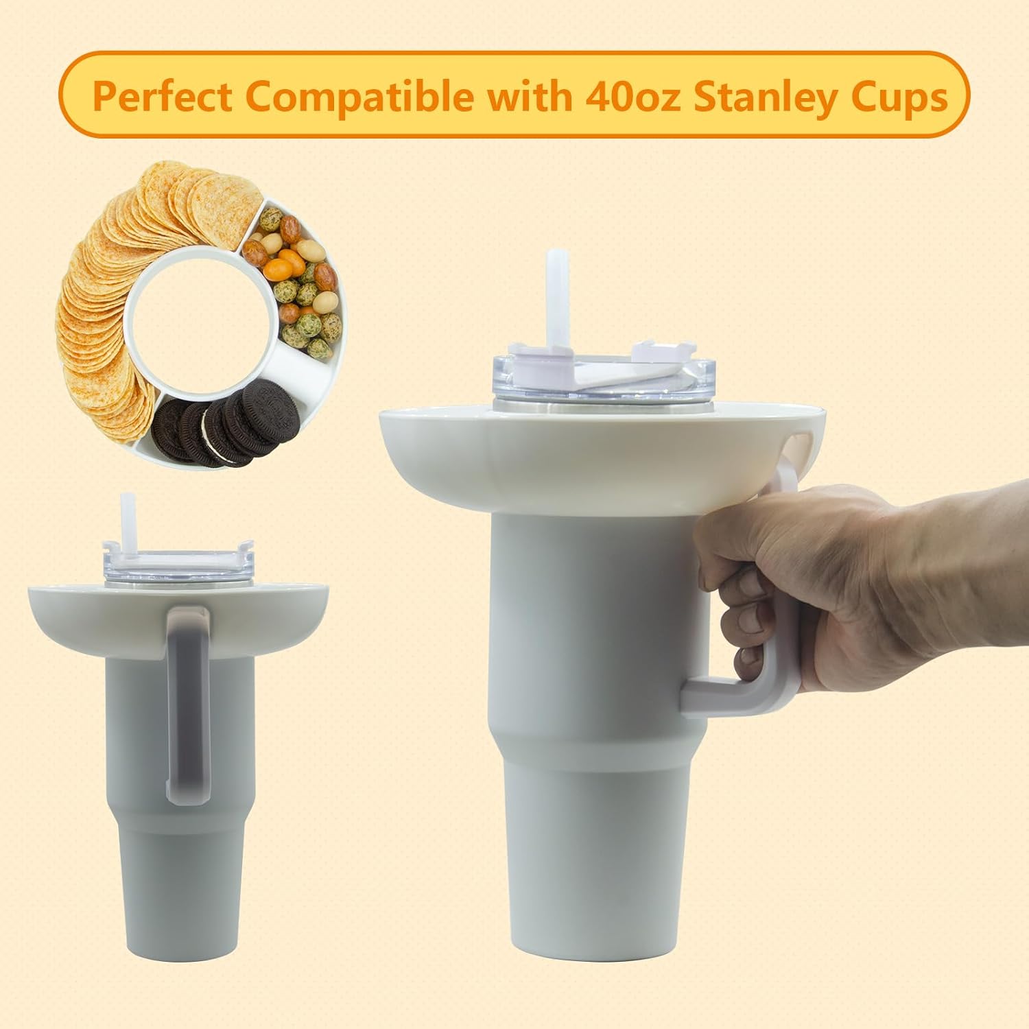 PUFAMET Cuenco de aperitivos para vaso Stanley de 40 onzas con asa, bandeja reutilizable para aperitivos Stanley Cup de 40 onzas, bandeja de