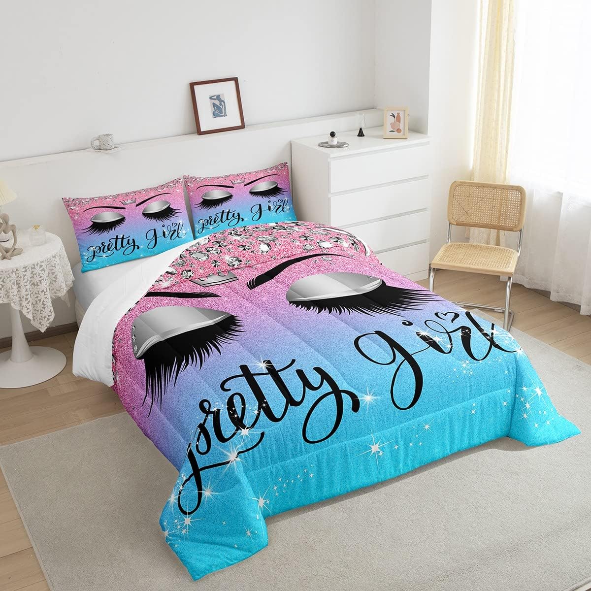 Juego de edredón de pestañas de unicornio para niños y niñas, juego de ropa de cama de lentejuelas de pestañas bonitas azul y rosa, juegos de