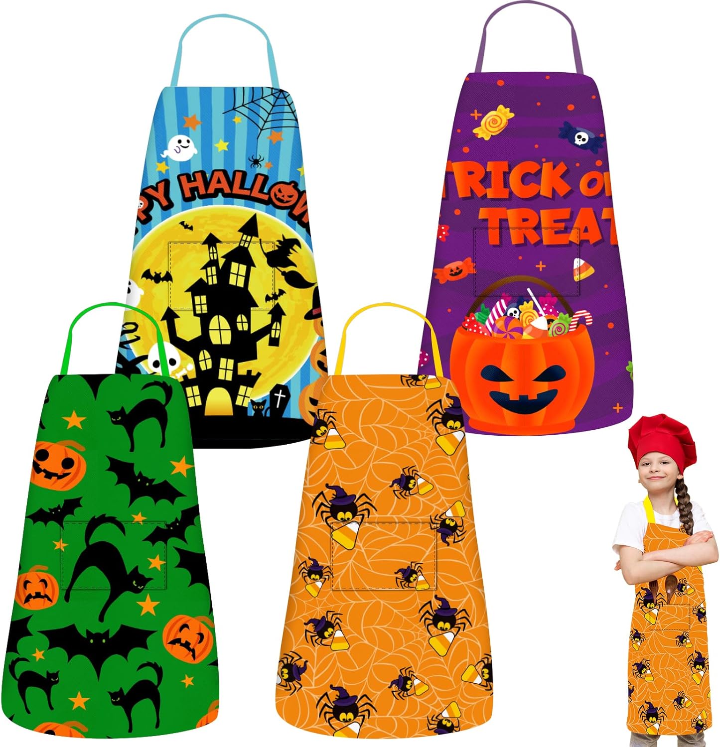 4 delantales de Halloween con bolsillos, delantal de cocina impermeable, delantal para hornear, accesorios de cocina de Halloween
