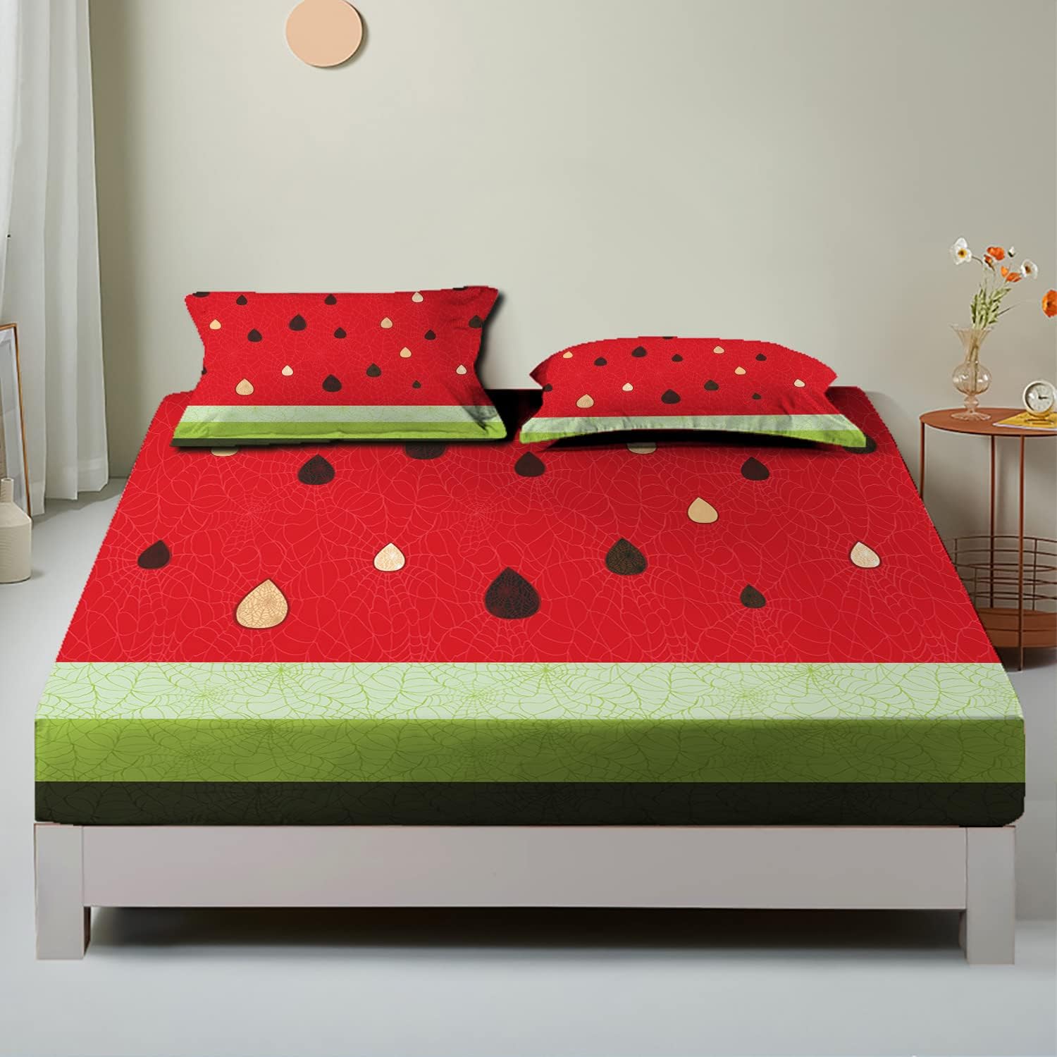 Nature Theme – Sábana bajera ajustable de tamaño individualindividual XL, patrón de macro fruta de sandía, juego de ropa de cama de 2 piezas con