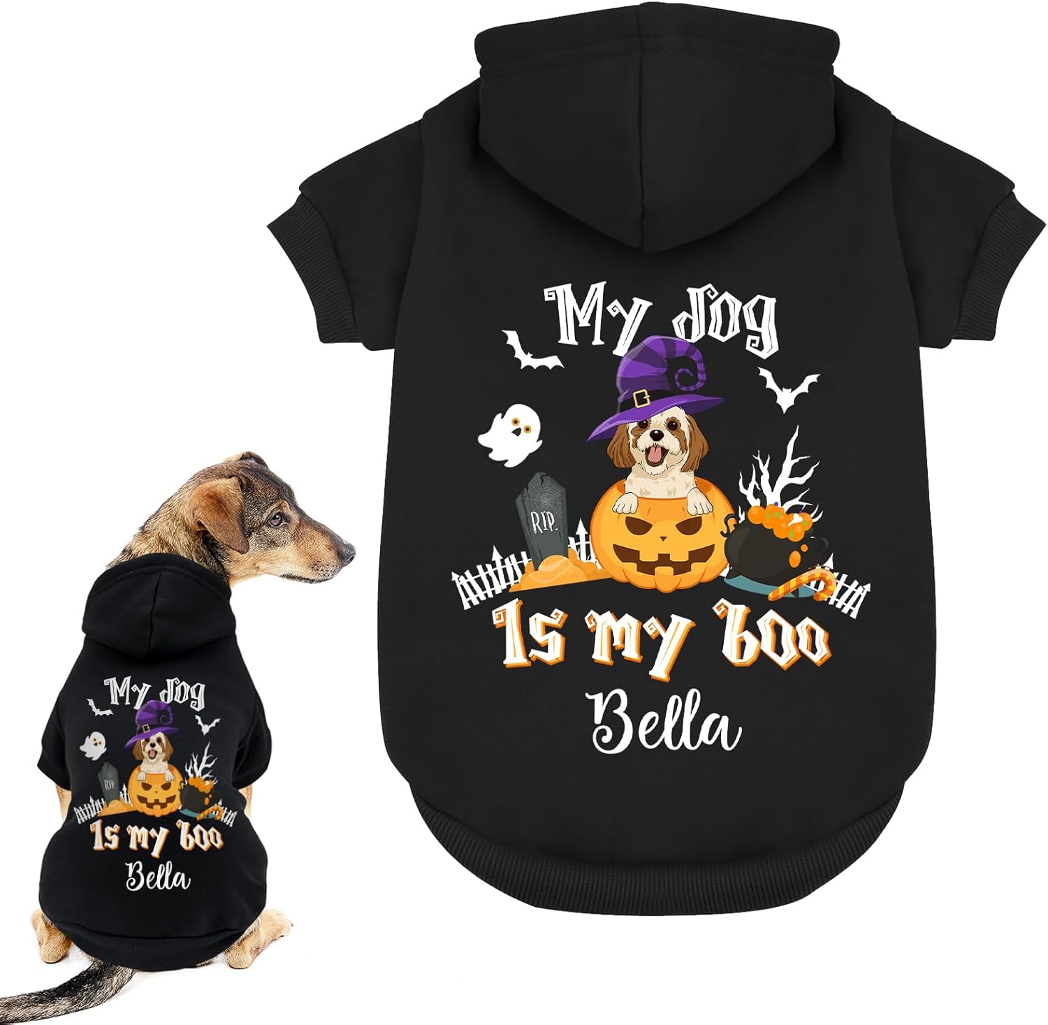 Atdesk Sudadera con capucha personalizada para perro de Halloween, sudadera con capucha para perro con nombre personalizado, sudadera con capucha
