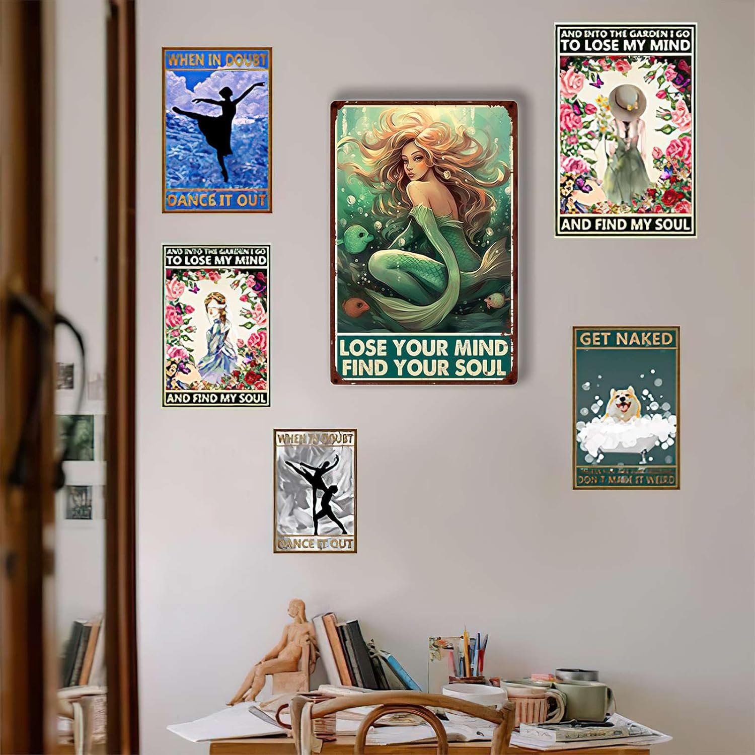 Letrero de metal con texto en inglés “Lose Your Mind Find Your Soul”, diseño de sirena para pared, 8.00 x 12.00 pulgadas