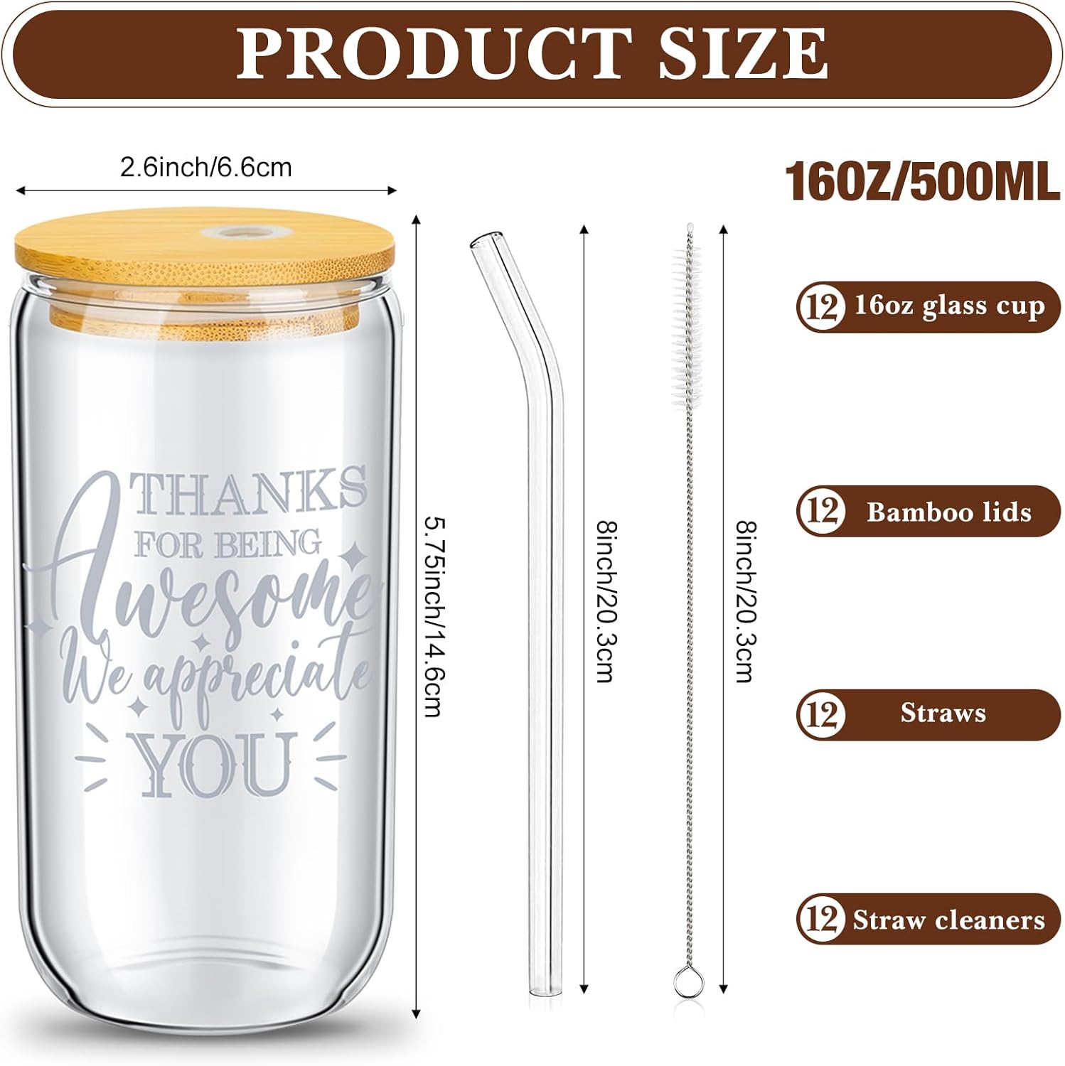 Juego de 12 vasos de vidrio de agradecimiento para empleados, regalos de agradecimiento para compañeros de trabajo, vasos de vidrio de