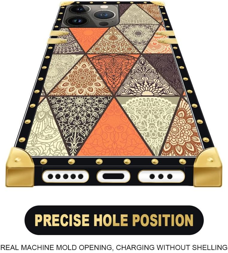 Funda cuadrada compatible con iPhone 14 Pro Max (6.7 pulgadas), diseño retro de mandala dorado, de lujo, suave TPU duro, parte trasera de