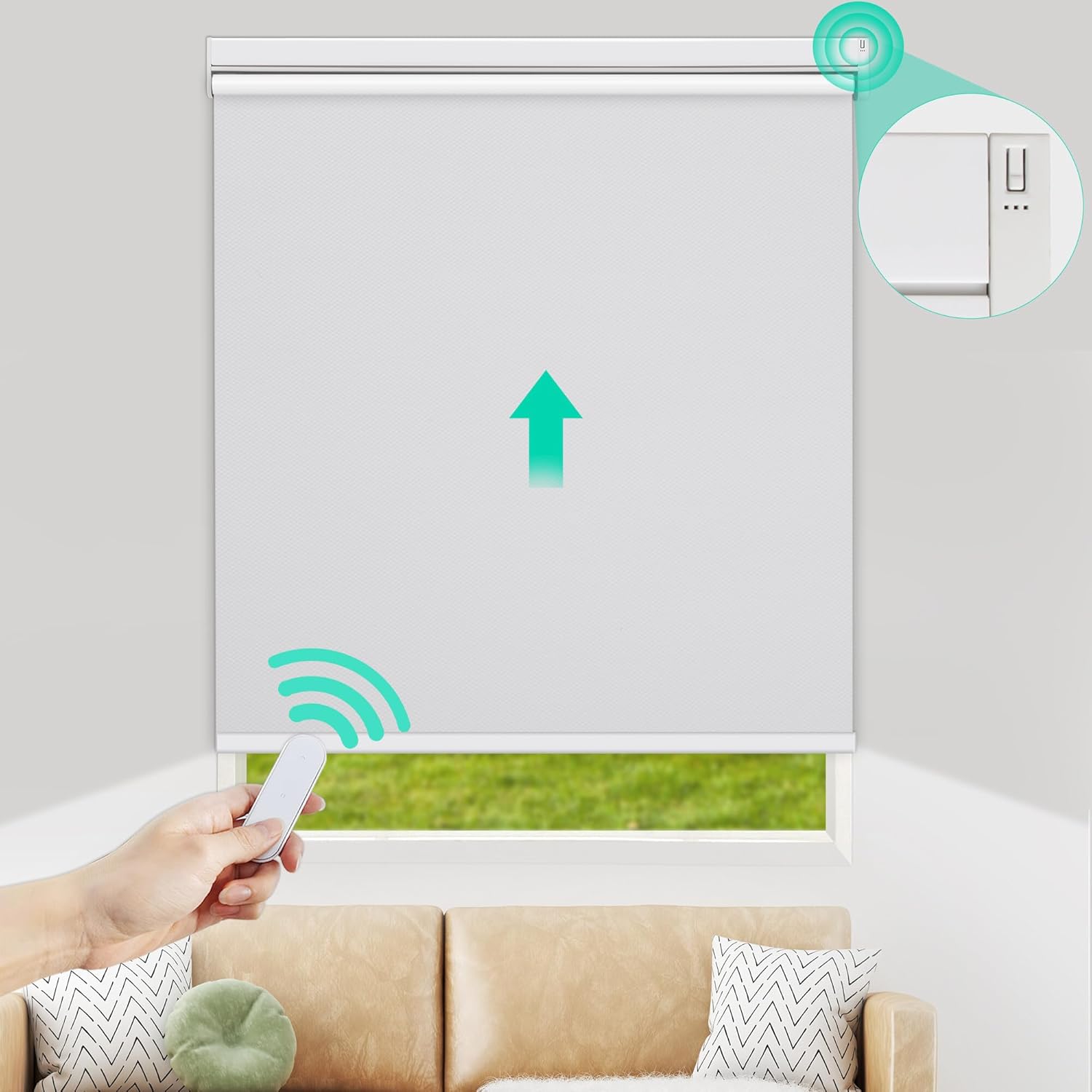 Allesin Persianas enrollables motorizadas con control remoto para ventanas, persiana enrollable inteligente, eléctrica a pilas (blanco, 34 pulgadas