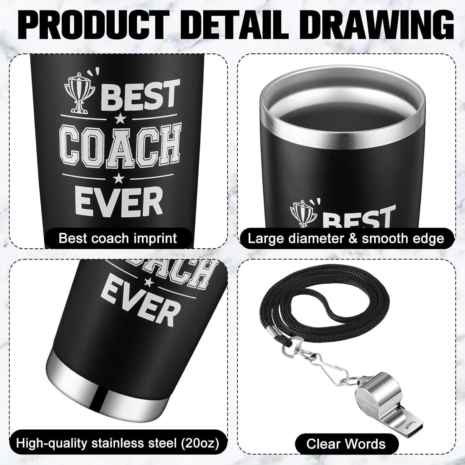 Didaey Juego de 3 juegos de regalos para entrenador Best Coach Ever, 20 onzas con silbato y pajitas, vaso de viaje de acero inoxidable para Navidad,