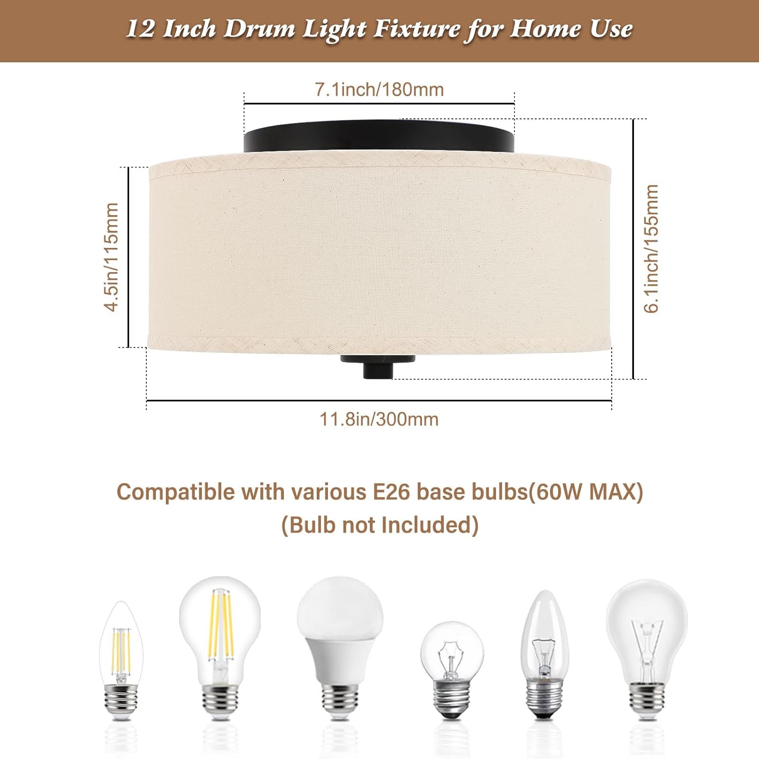 Lodstob Lámpara de techo empotrada de 2 luces, moderna de 12 pulgadas con pantalla de tambor de tela beige, lámpara colgante redonda para