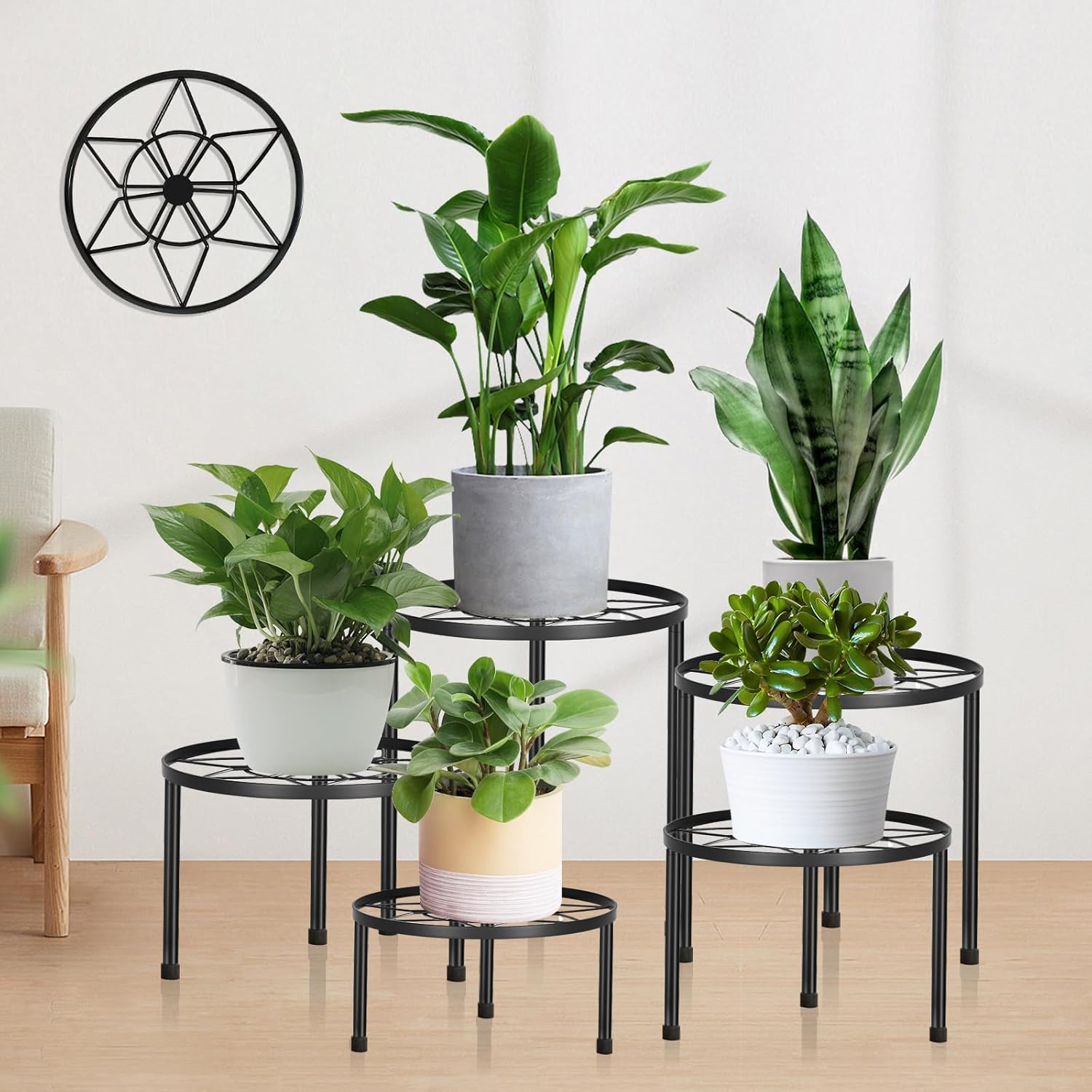 Paquete de 5 soportes de metal para múltiples plantas, soportes resistentes para macetas para plantas de interior y exterior, estante redondo de