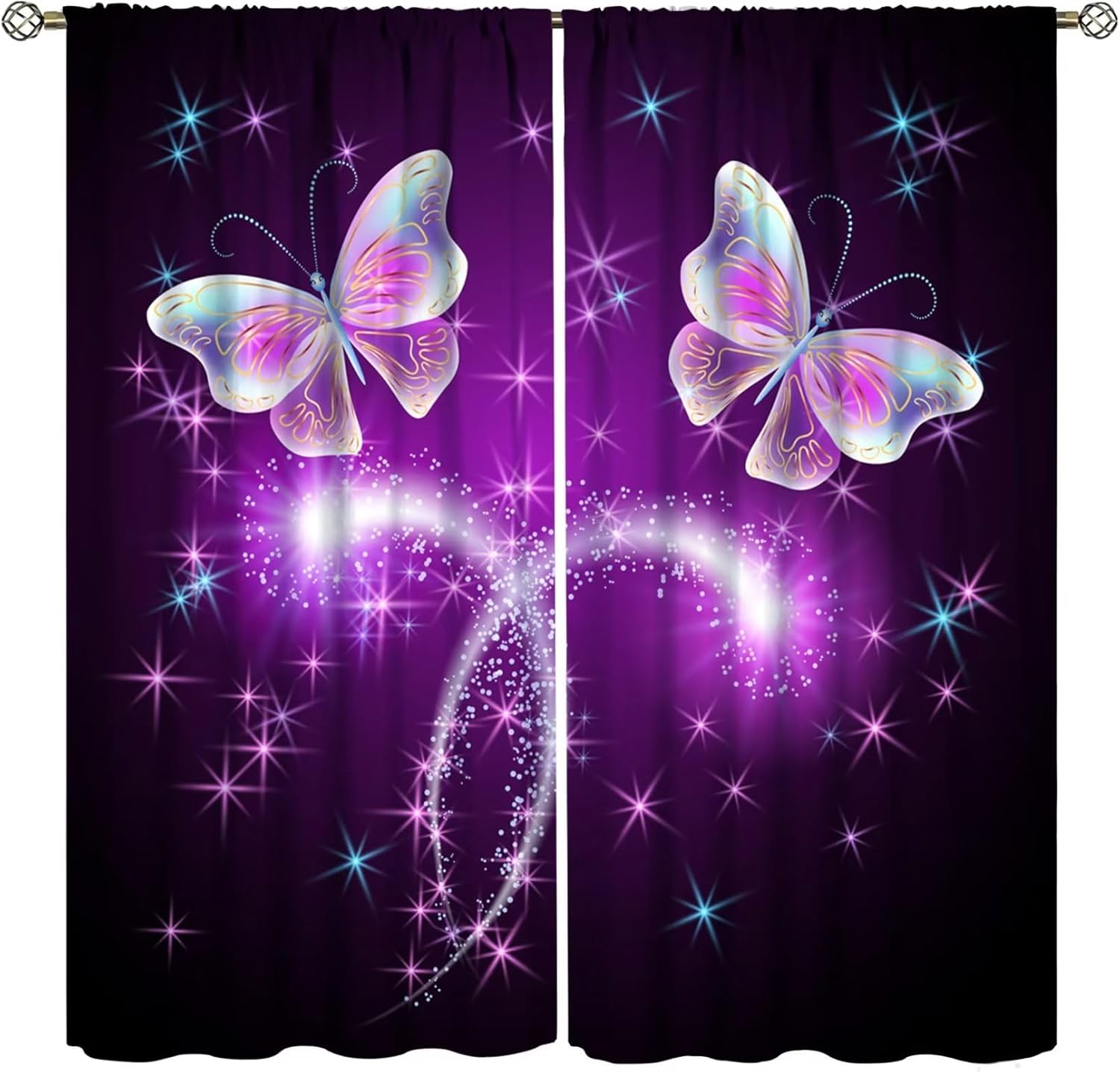 Cortinas de mariposas coloridas con diseño de mariposas brillantes y fuegos artificiales y estrellas brillantes, cortinas opacas con bolsillo para