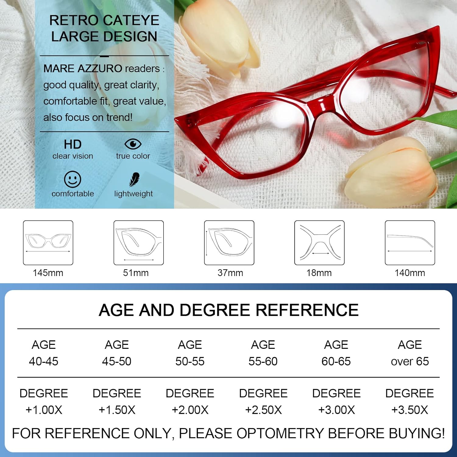 MARE AZZURO Gafas de lectura de ojo de gato para mujer, estilo retro, lindos, 0, 1, 0, 1,25, 1,5, 1,75, 2,0, 2,25, 2,5, 2,75, 3,0, 3,5, 4,0, 5,0, 6,0