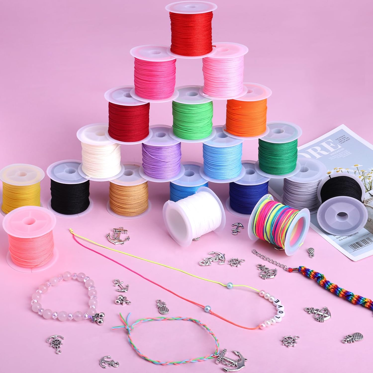 Cuerda de nailon para pulseras, 20 rollos de cordón de nudo chino de 0.028 in Kumihimo para hacer pulseras de la amistad, hilo para hacer joyas,