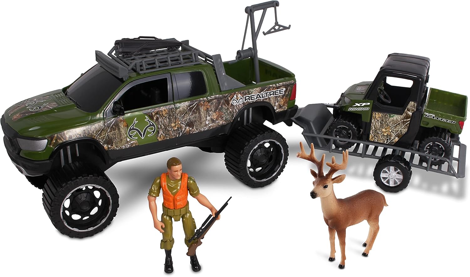 NKOK Realtree – Juego de 9 piezas a escala 118, juego de 9 piezas, RT Ram 1500 Rebel Polaris Ranger en remolque y accesorios (elevador de juego,