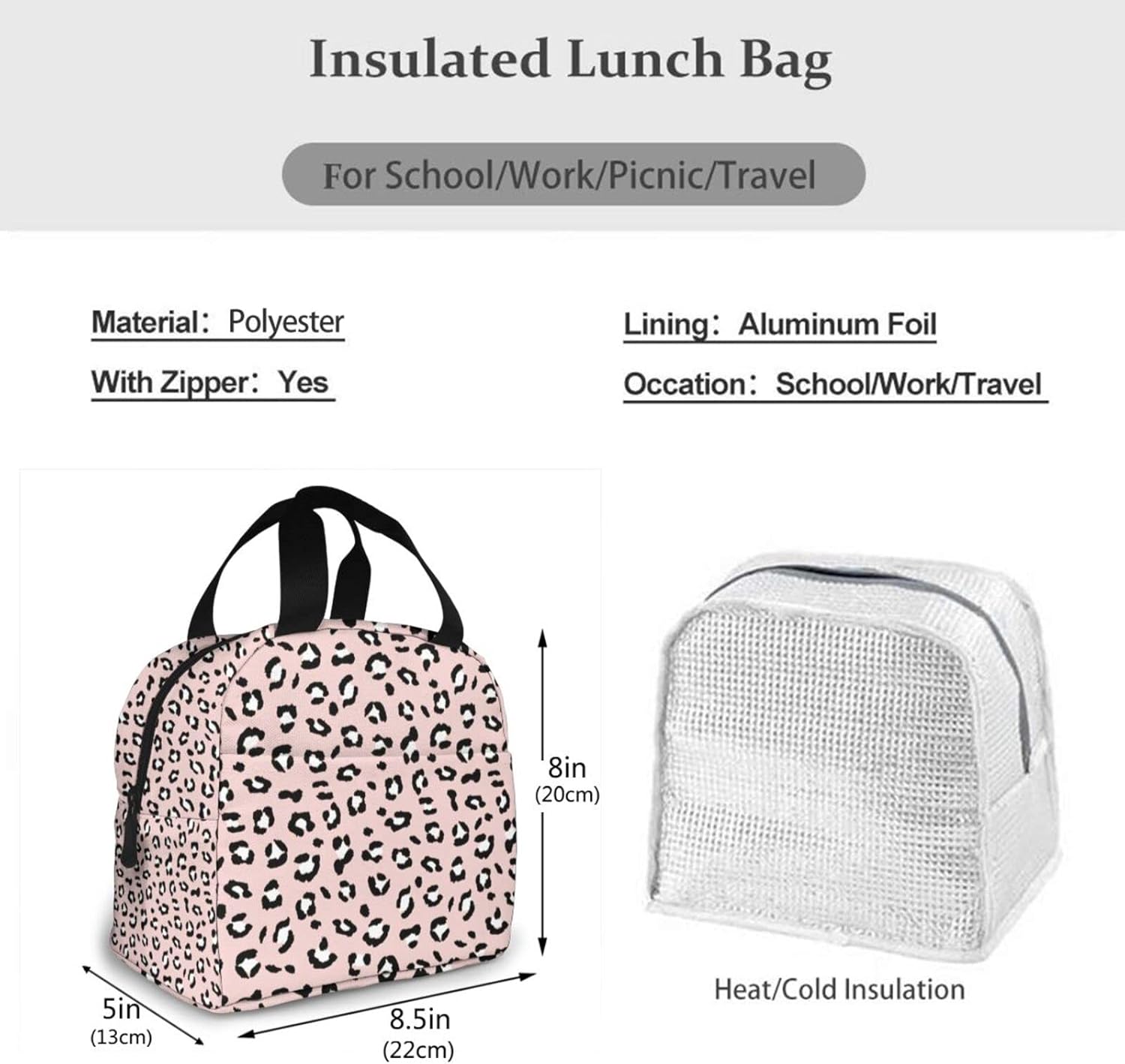 Bolsa de almuerzo portátil con patrón de piel de leopardo rosa para mujeres y hombres, bolsa de almuerzo reutilizable para