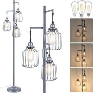 Lámpara de pie con 3 bombillas LED de edición, lámpara de pie alta de granja para sala de estar, regulable industrial rústico gris, árbol brillante, Lámpara de pie con 3 bombillas LED de edición, lámpara de pie alta de granja para sala de estar, regulable industrial rústico gris, árbol brillante,