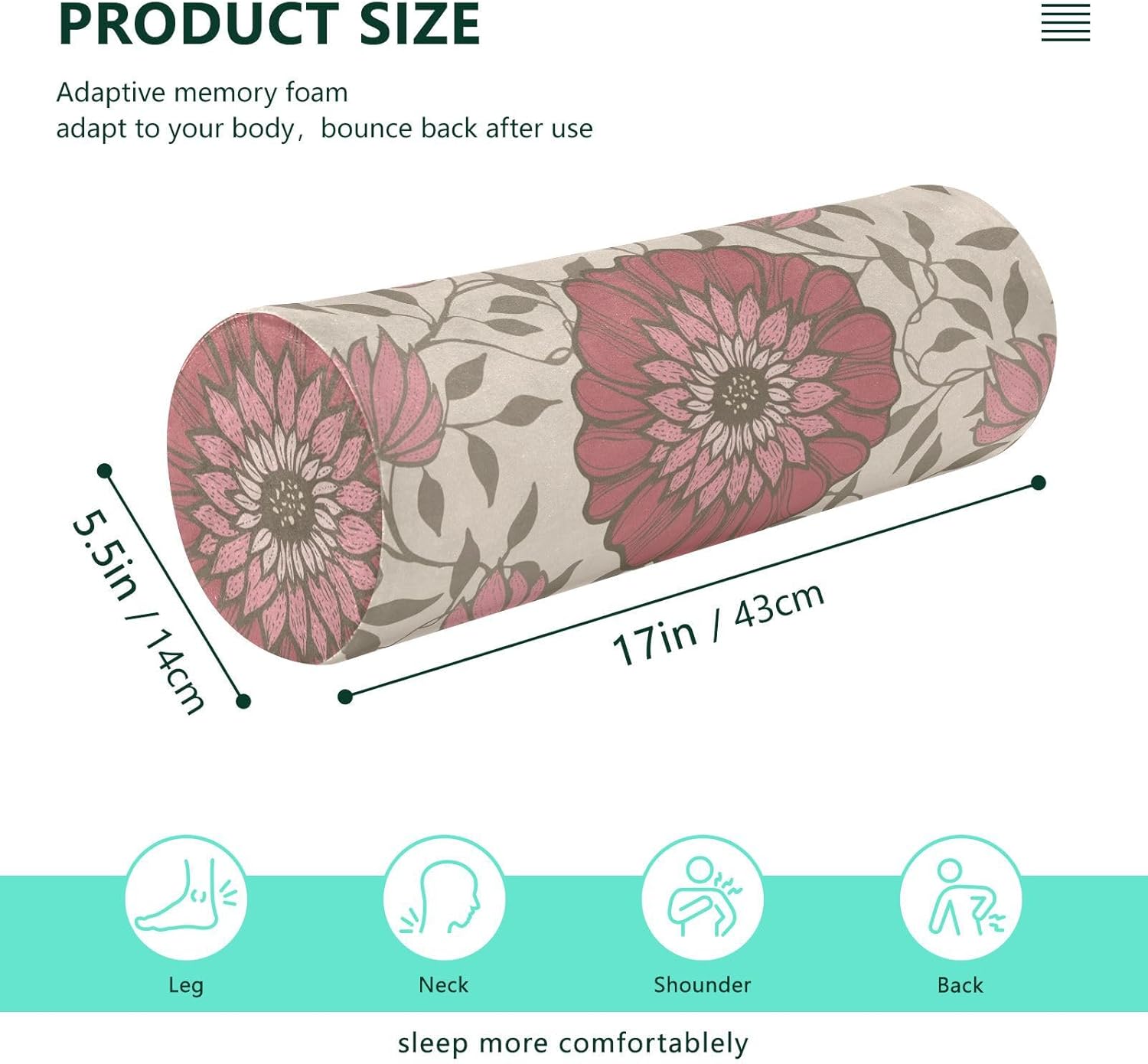 KLL Retro Plain Floral Pattern Bolster Pillow for Legs Massage Table Neck Roll Pillow Insert Round Pillow Form Circular Pillow Cushion Pillow Neck