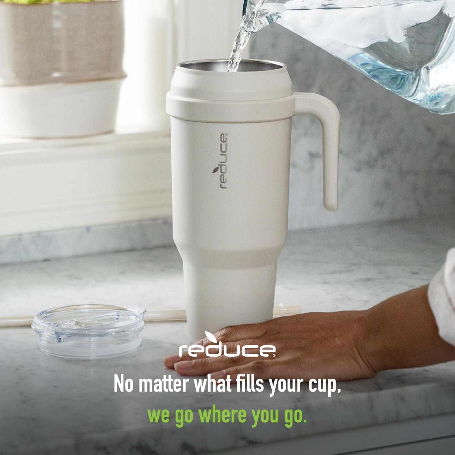 REDUCE Cold1 – Vaso de 50 onzas con asa, botella de agua de acero inoxidable aislada al vacío para el hogar, la oficina o el automóvil, taza