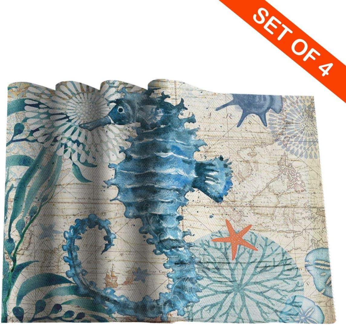 MSGUIDE Blue Seahorse – Juego de 4 manteles individuales para mesa de comedor, lavables, resistentes al calor, 12 x 18 pulgadas