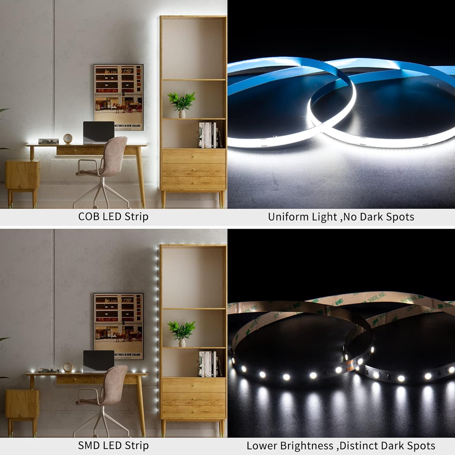 Gingsow Tira LED COB de 16.4 pies, 2400 LED, blanco frío, 6000 K, CRI90+, luces LED flexibles superbrillantes, regulables, 12 V, luz de cinta con