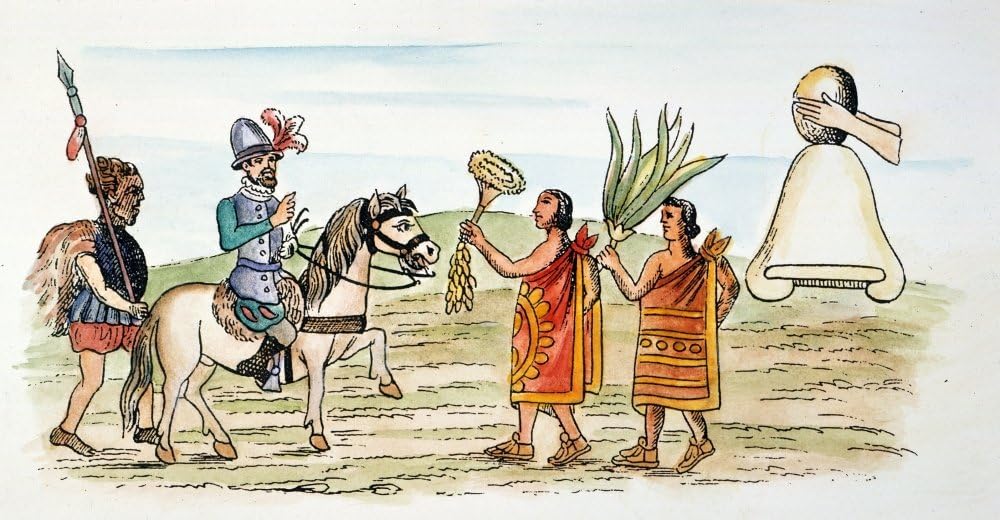 México Hernando Cortés recibido con regalos por nativos de Tlaxcaltec que creyeron que él era el dios Quetzalcóatl encarnado 1519 del lienzo de