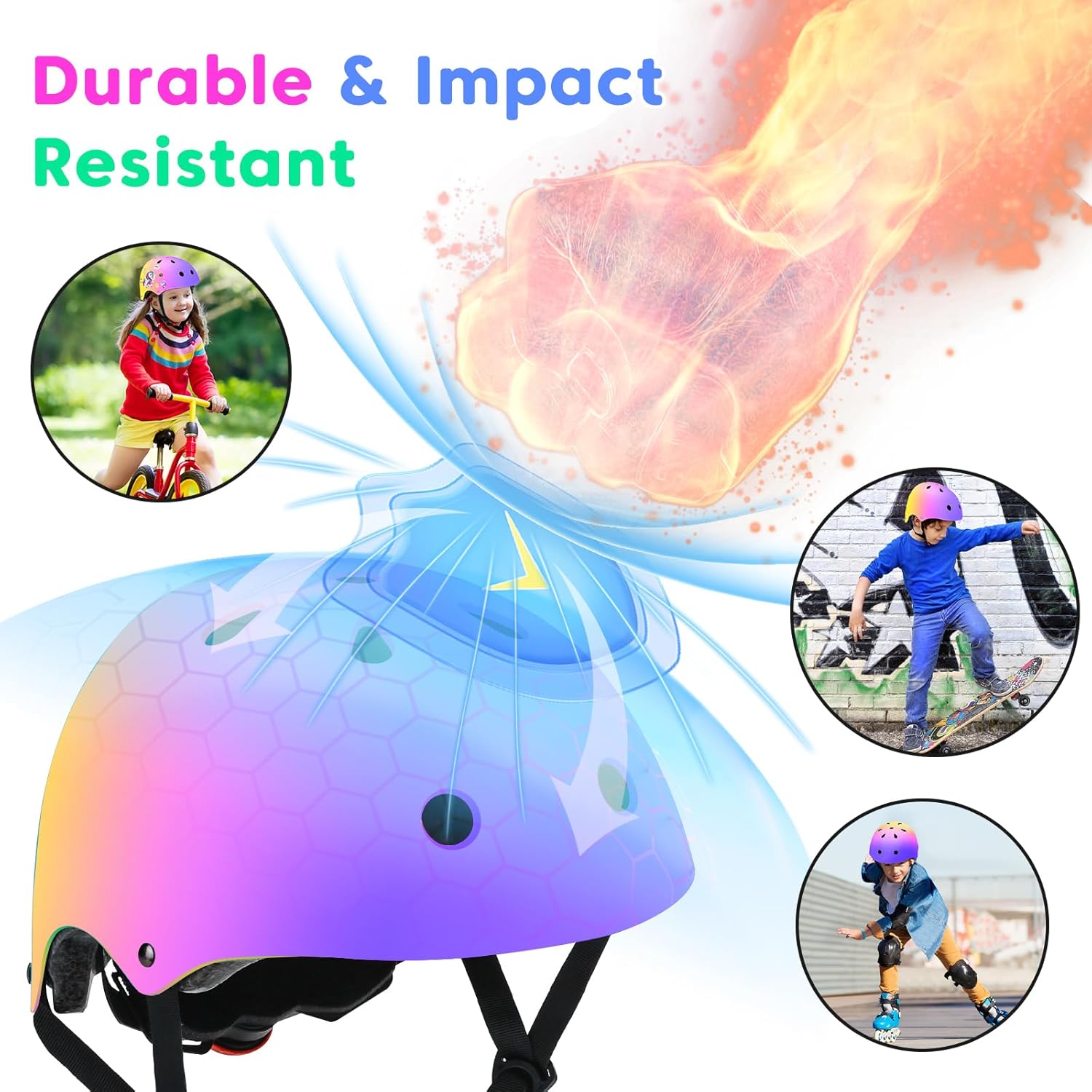 Wemfg Casco ajustable con degradado de color, para niños y niñas, casco de bicicleta para múltiples deportes, ciclismo, patinaje, bicicleta,