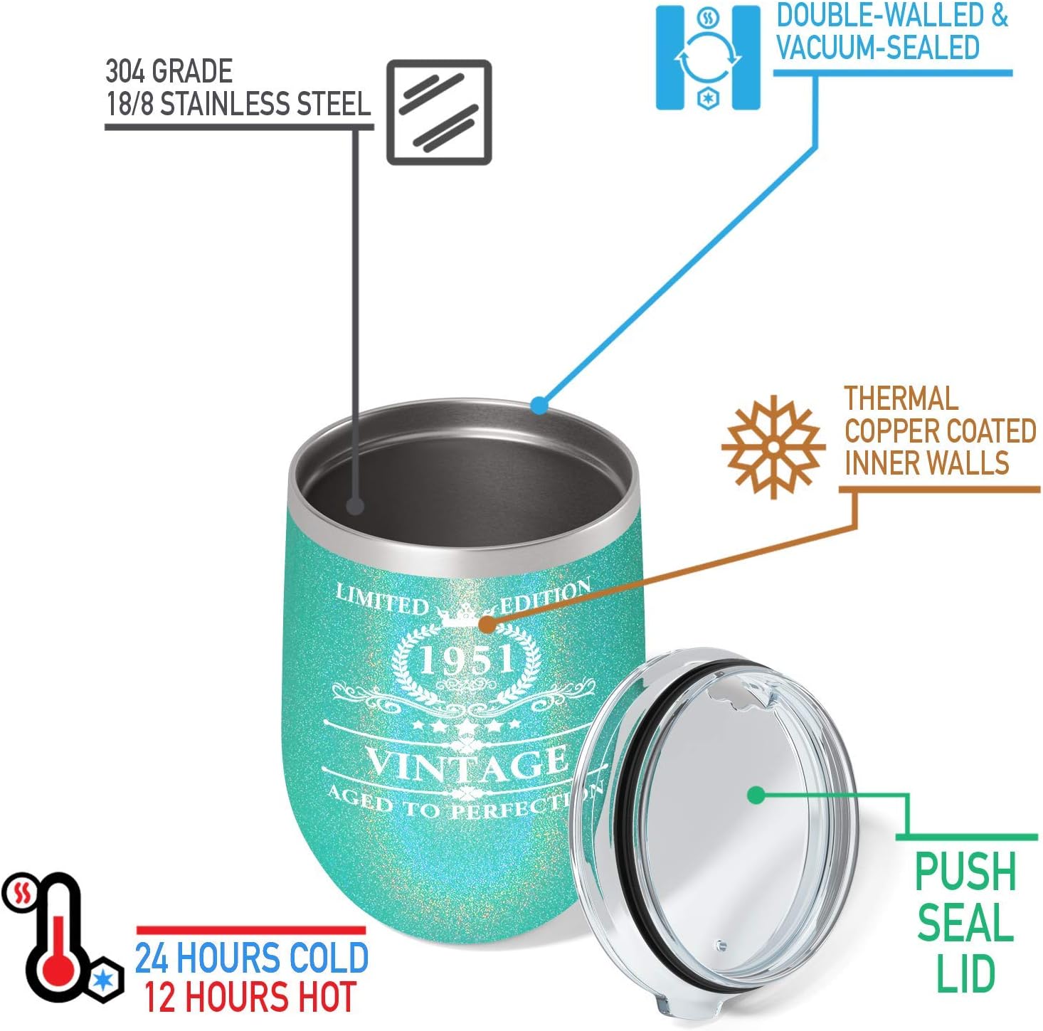 Cuptify 1951 Edición Limitada 72 Regalo de cumpleaños para mujeres de edad avanzada en espuma de mar con purpurina de 12 onzas aisladas