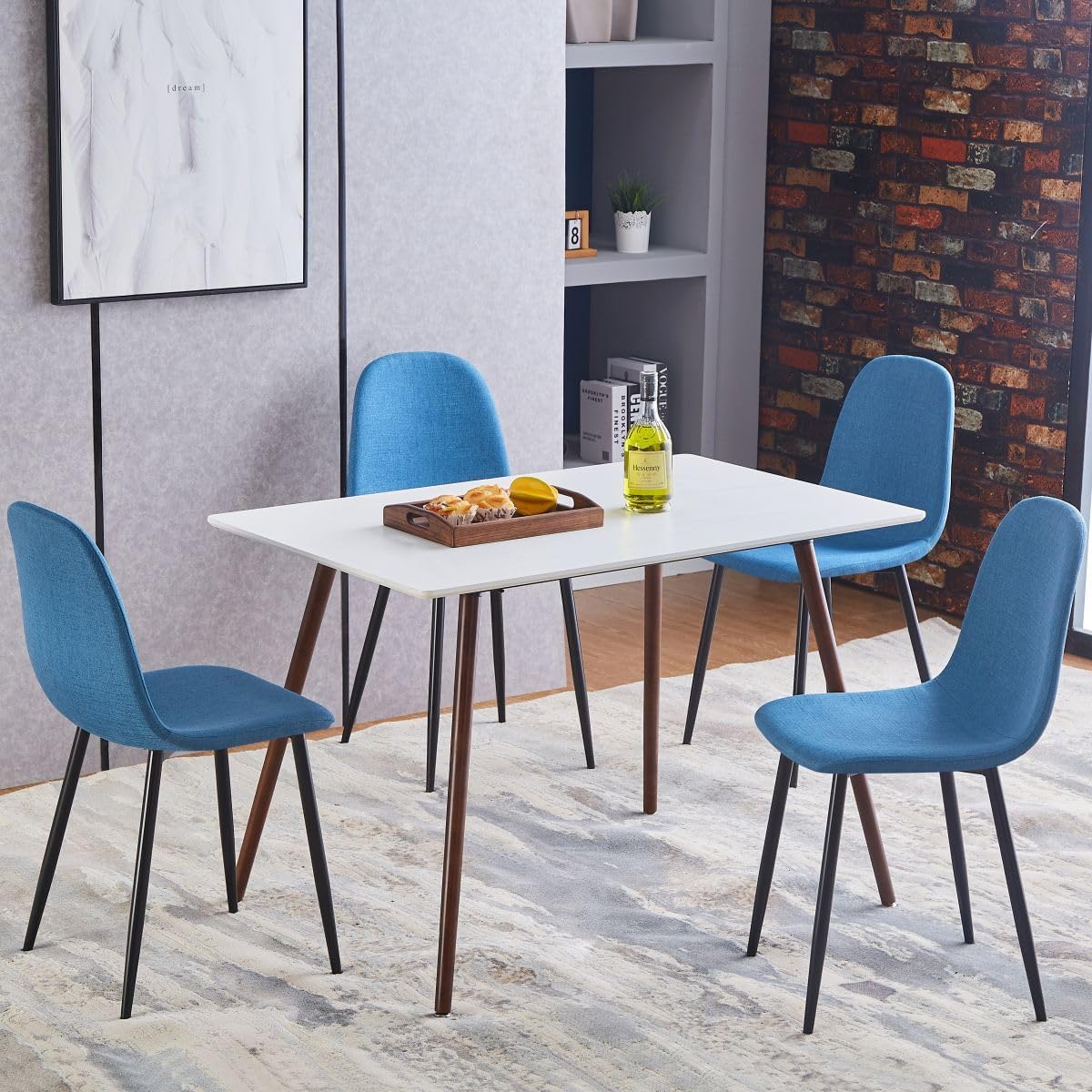 FurnitureR Juego de 4 sillas de comedor de tela para cocina con patas de metal para sala de estar, restaurante, sala de estudio, color azul