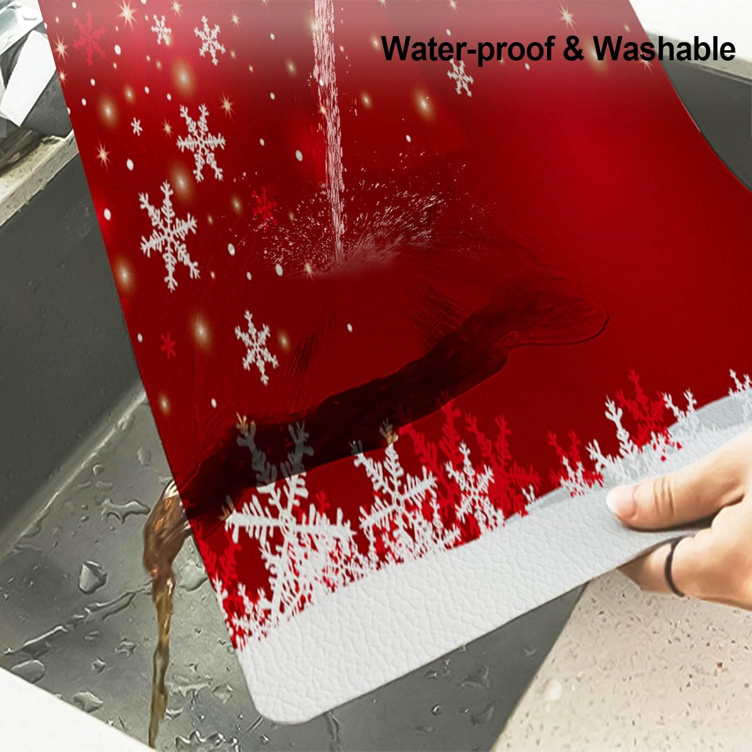 LNOND Juego de 4 manteles individuales y posavasos rojos, tapetes de mesa de cocina con copos de nieve navideños, resistentes al calor en invierno,