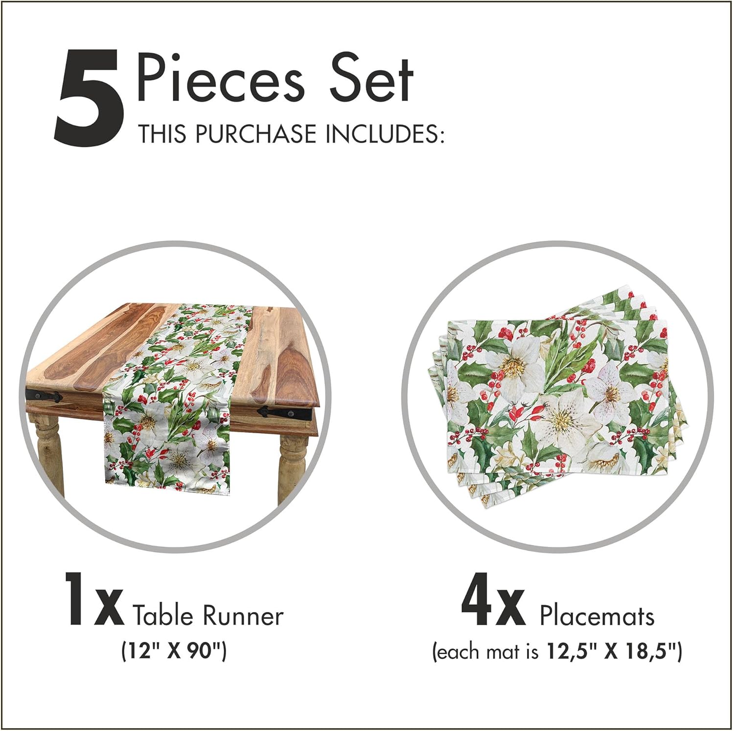 Ambesonne Watercolor Table Runner & Placemats, Christmas Themed Floral Poinsettia Berries Winter Inspirations Leaf, Set for Dining Table Decor,