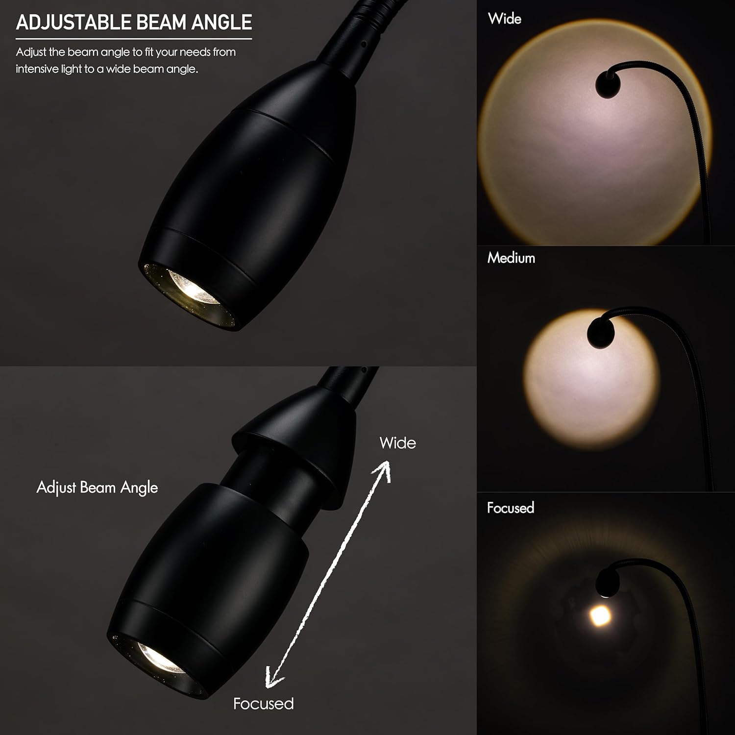 O’Bright Lumos – Lámpara versátil con clip Foco zoomable, LED regulable, cuello de cisne flexible, luz de 4000 K, abrazadera 100% metálica, ideal