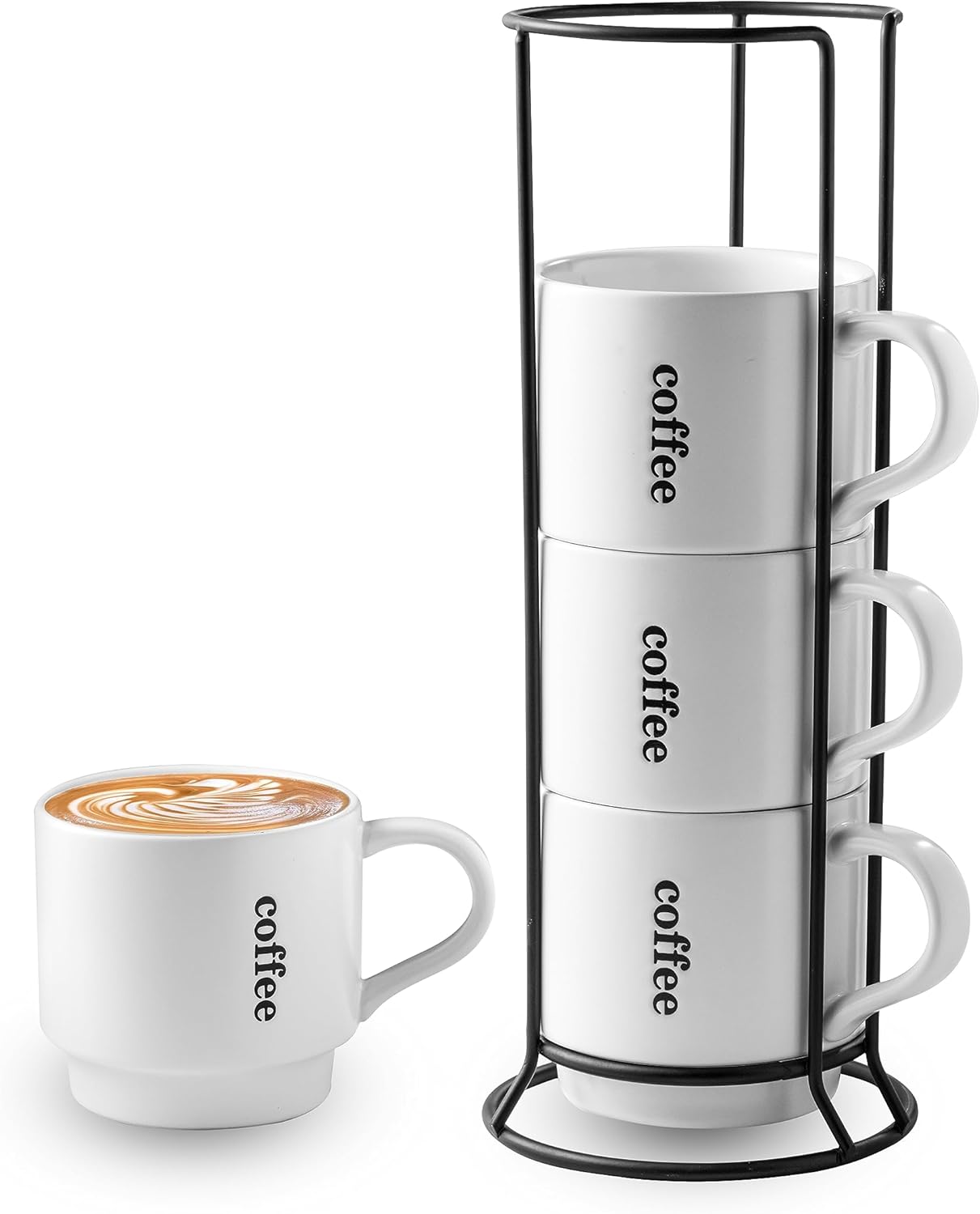 KOKUNKA Tazas de café con estante, tazas de café de cerámica grandes de 13 onzas para café, té, cacao, leche, bebidas de chocolate, aptas para