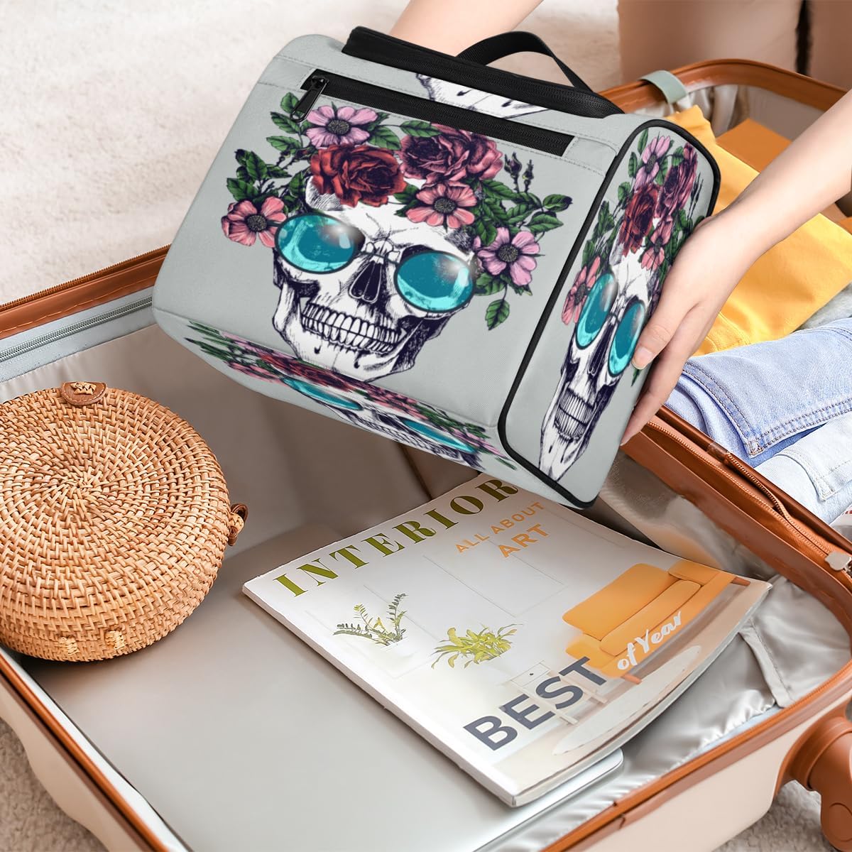 Day Of The Dead Sugar Skulls – Neceser para mujer, organizador de maquillaje de viaje con gancho para colgar, bolsas de cosméticos de viaje para