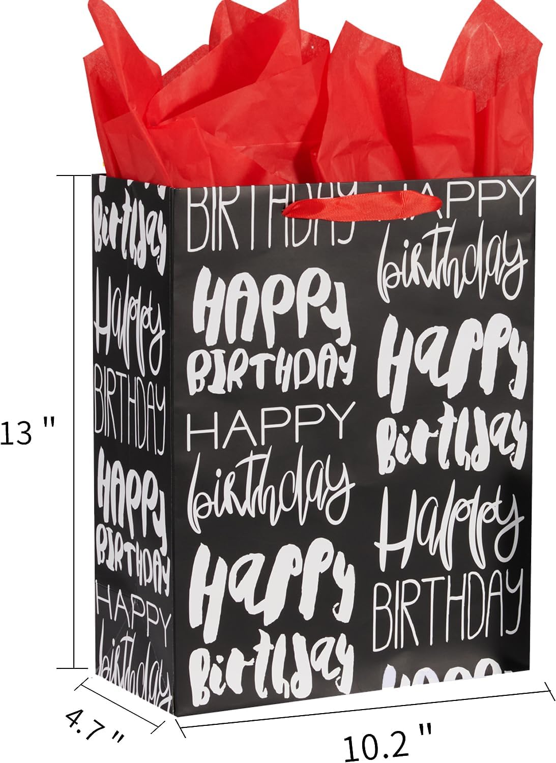 SUNCOLOR Bolsa de regalo de cumpleaños grande negra de 13 pulgadas con papel de seda rojo (feliz cumpleaños)