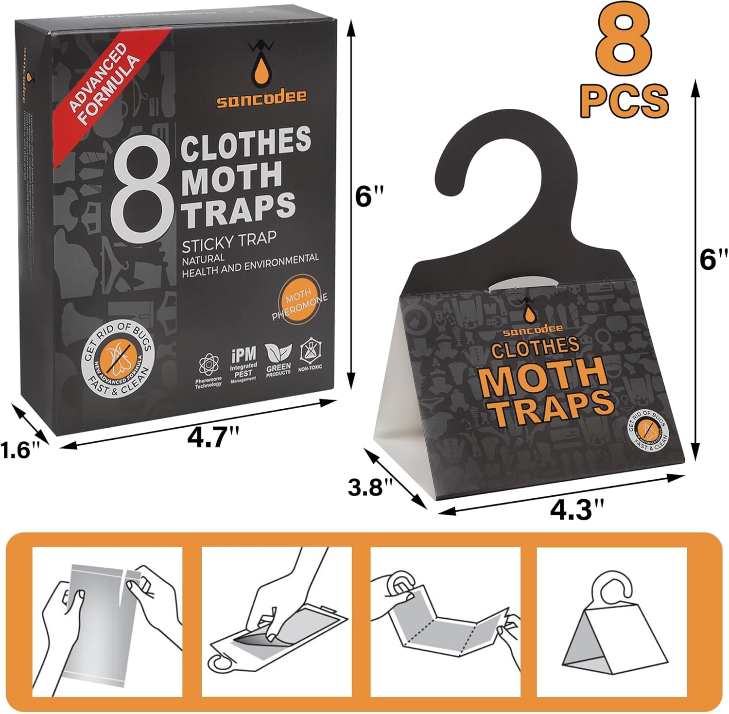 Paquete de 8 trampas para polillas de ropa con feromonas naturales, trampa de pegamento para colgar, trampa de prevención de polillas para ropa, sin