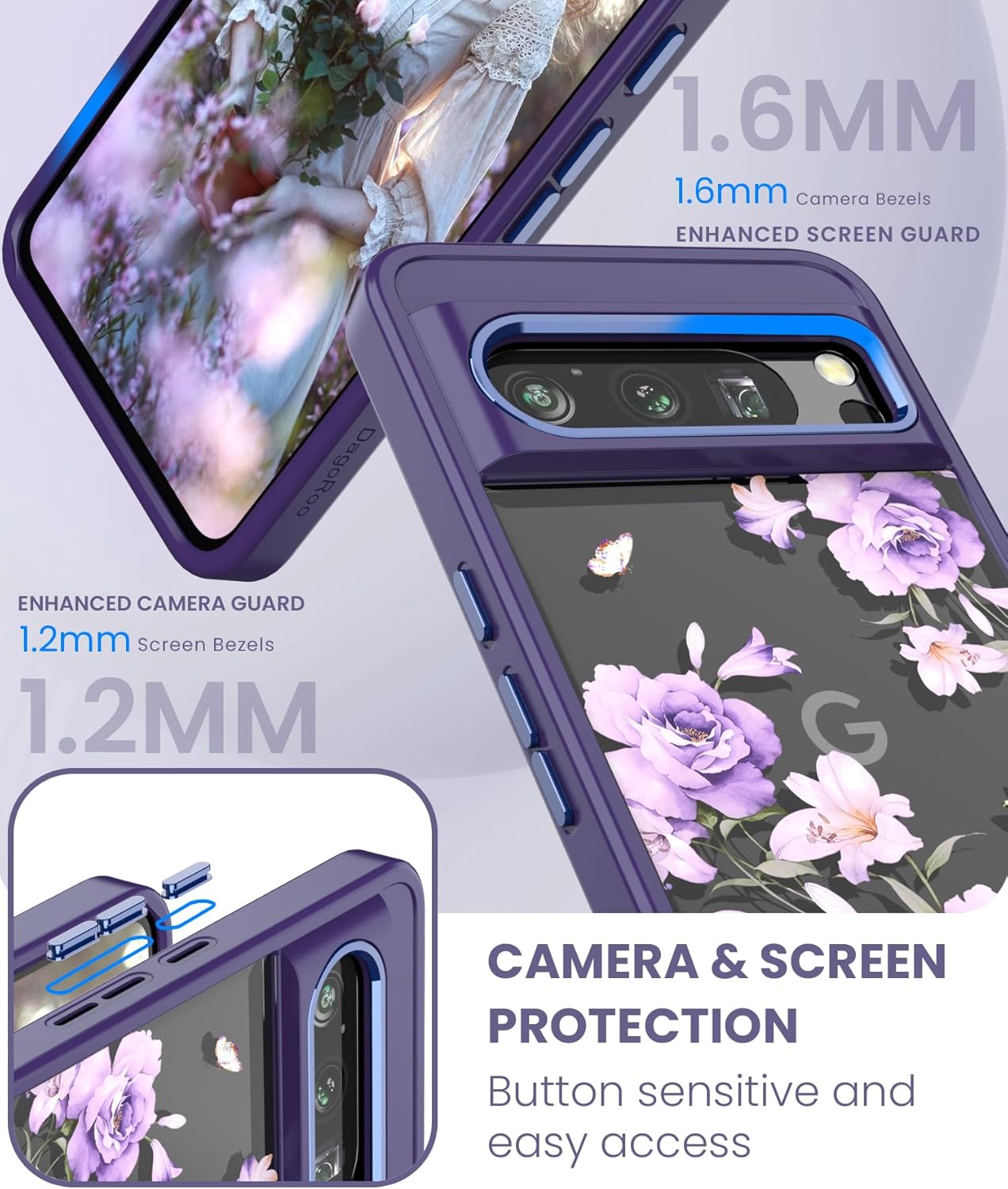 Funda para Pixel 8 Pro, Google 8 Pro protección de grado militar TPU suave y delgada y policarbonato duro, fundas con patrón de flores transparentes