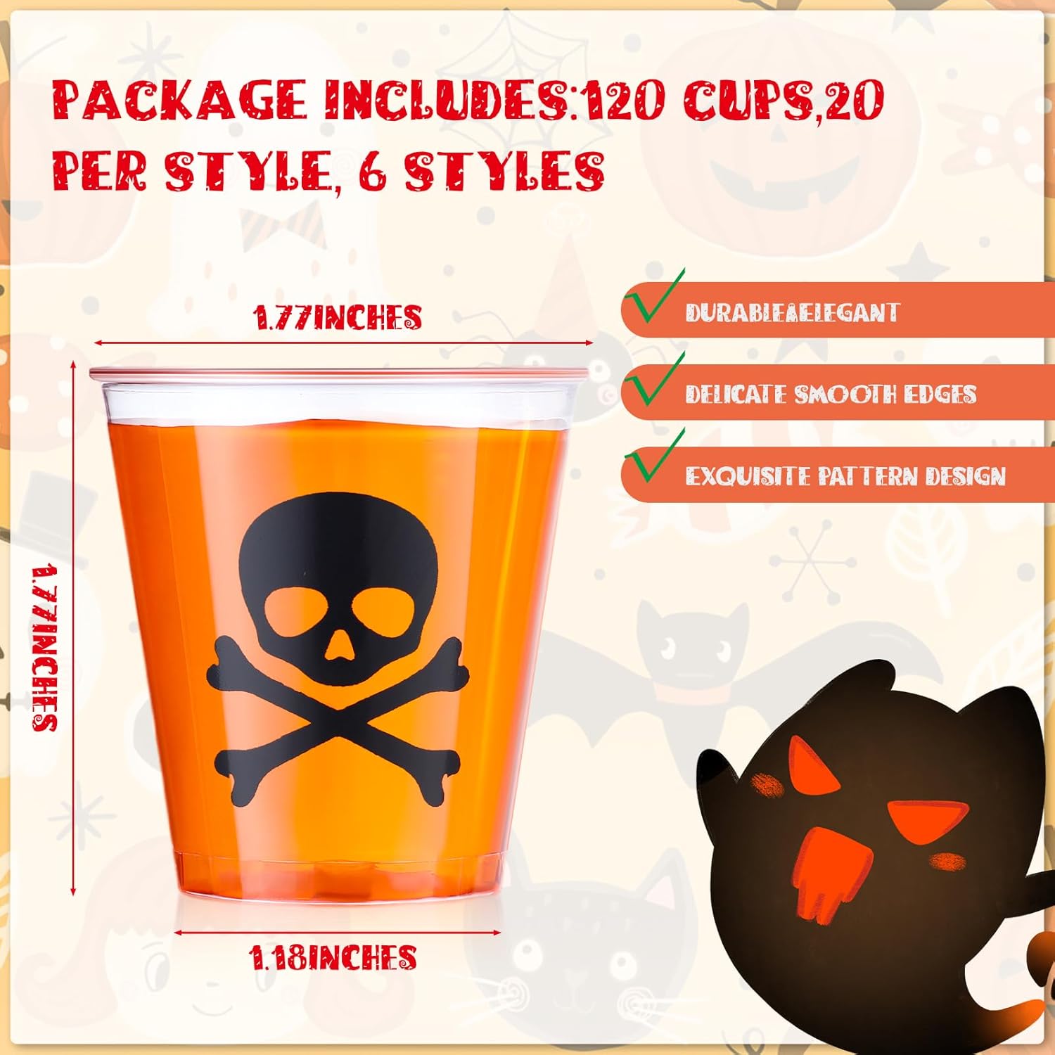 Mumufy 120 vasos de chupito de plástico de Halloween de 1.69 onzas desechables para fiestas, vasos de calabaza y fantasmas, muestra clara, tazas