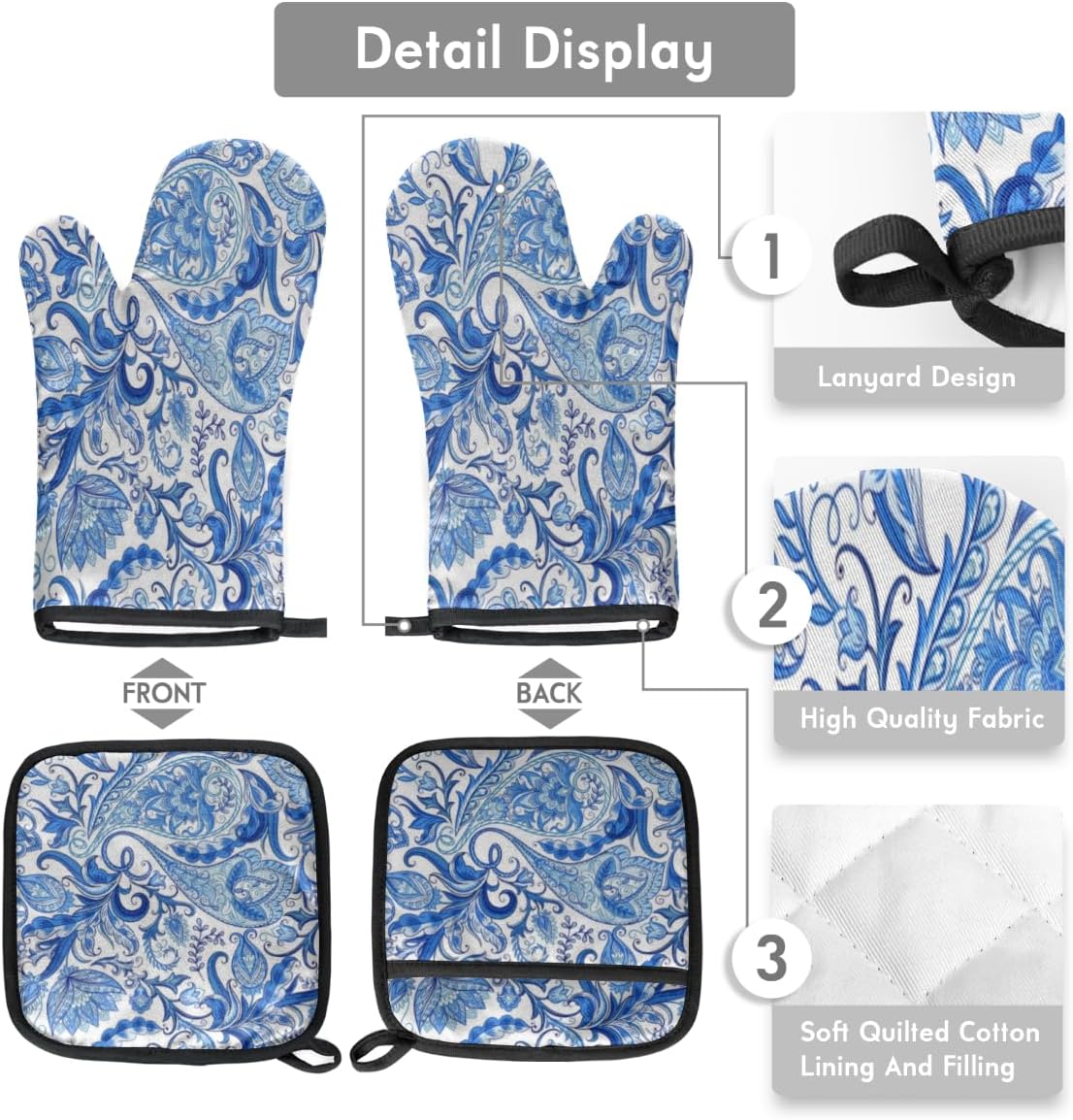 Juego de guantes de horno y soportes para ollas con patrón de cachemira azul y blanco, guantes de horno antideslizantes resistentes al calor y