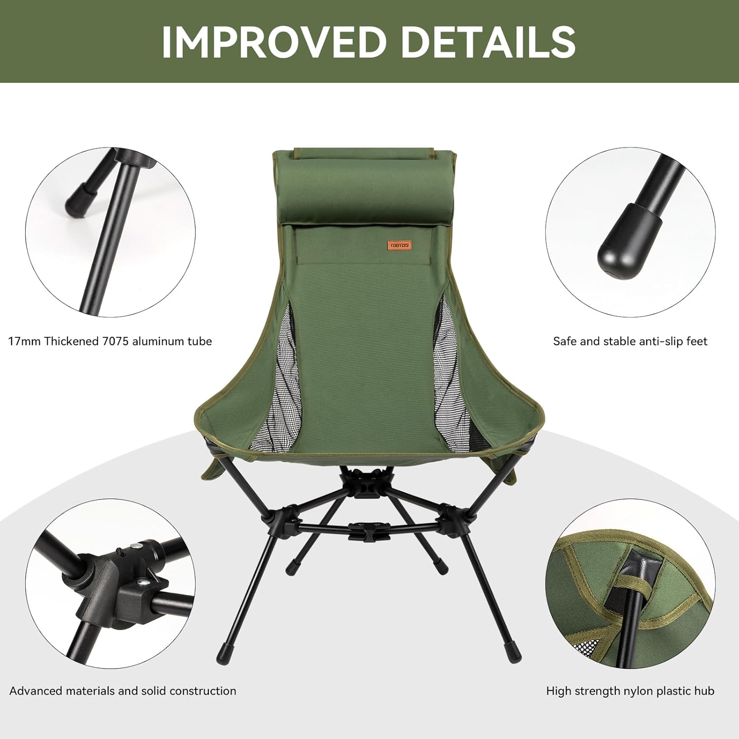 TOBTOS Mesa de camping portátil y plegable con bolsa de transporte y silla de campamento de respaldo alto, sillas plegables ligeras con bolsa de