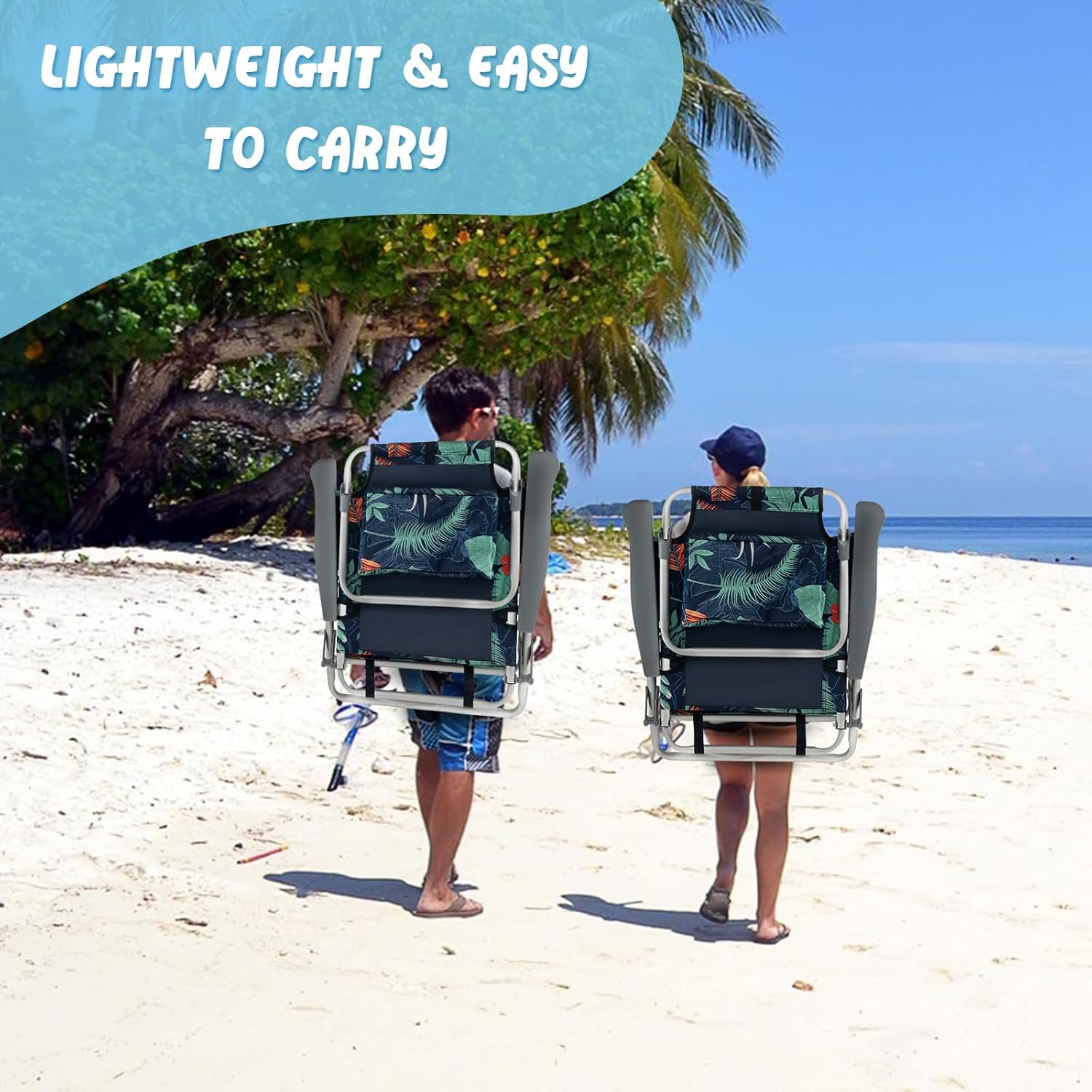 COSTWAY Juego de 2 sillas de playa plegables con mochila y sillas reclinables para exteriores, 5 posiciones, color verde palmera