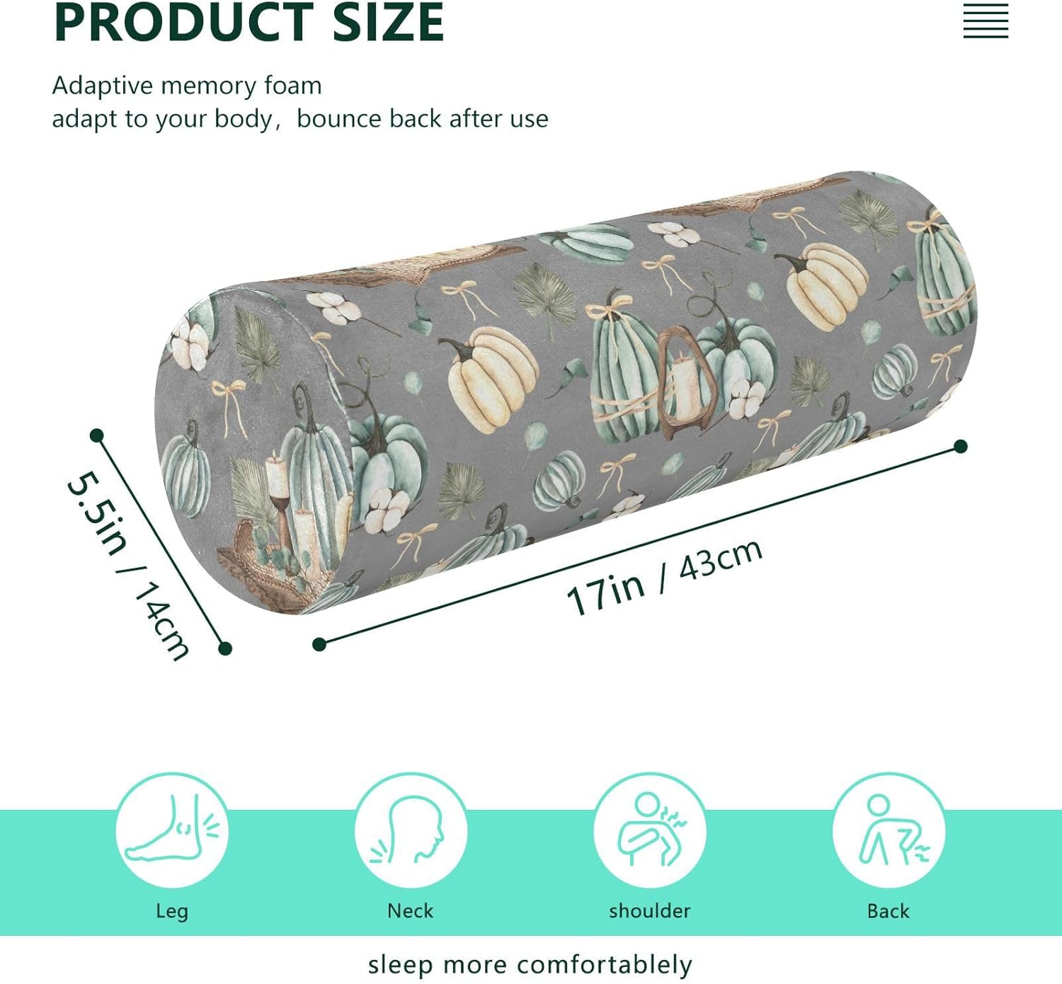 Almohada cilíndrica para el cuello, almohada redonda de espuma viscoelástica para dormir, almohada de almohada gris con funda extraíble lavable para