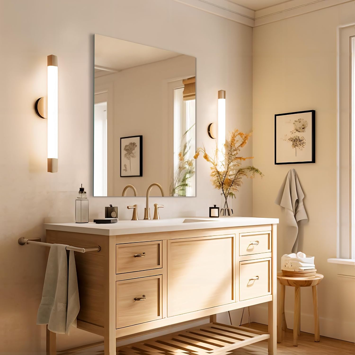Mirrorons Espejo de baño de 28 x 36 pulgadas, moderno espejo de tocador de baño, espejo sin marco con borde pulido para dormitorio, sala de estar,