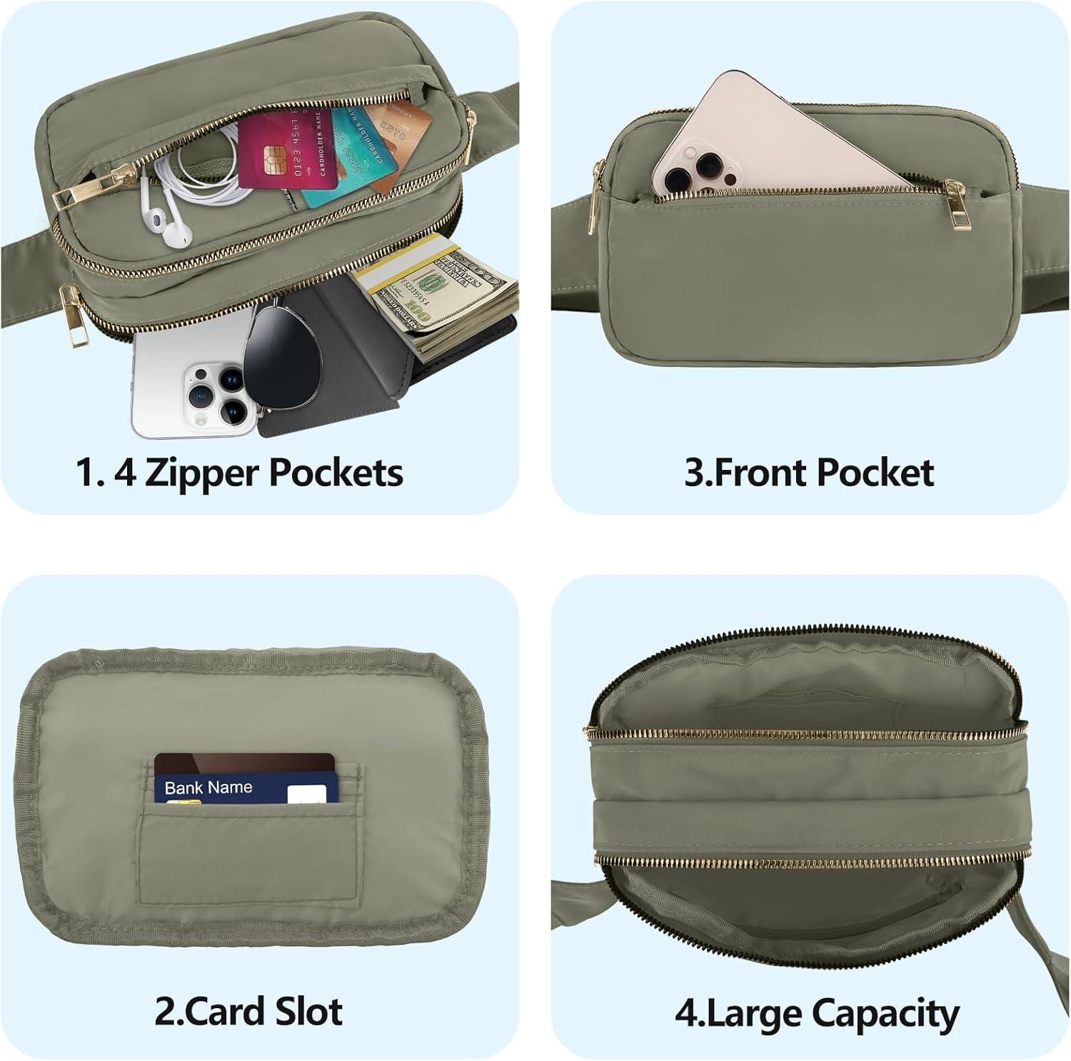 Riñonera cruzada para mujeres y hombres, bolsa de cinturón de regalo para mujeres con correa ajustable para deportes, Verde caqui con 3 cremalleras,