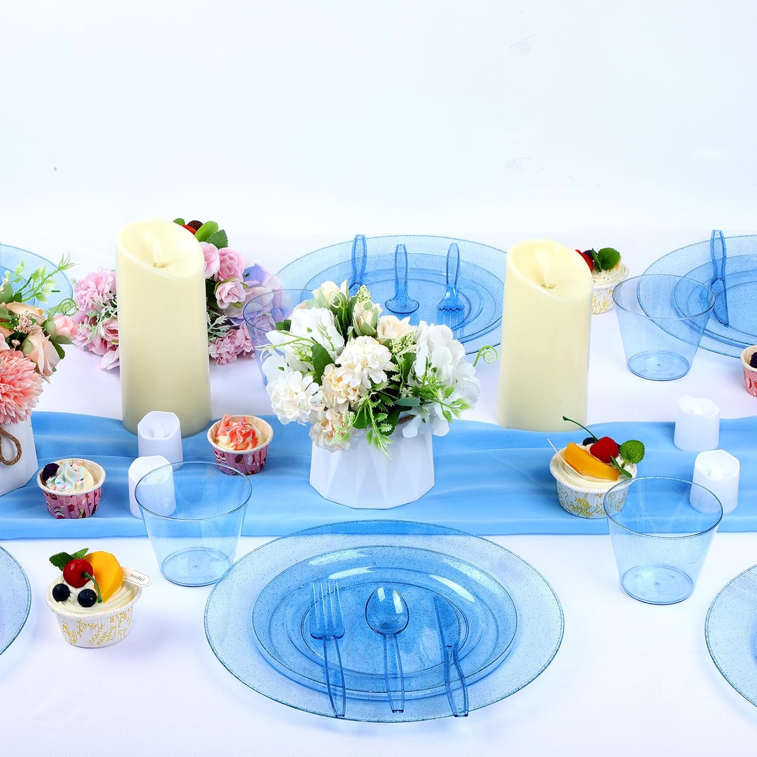 WYTAOHZL Juego de vajilla de 240 piezas con purpurina azul para 40 invitados, vajilla desechable con purpurina azul de 10.2 pulgadas, platos de