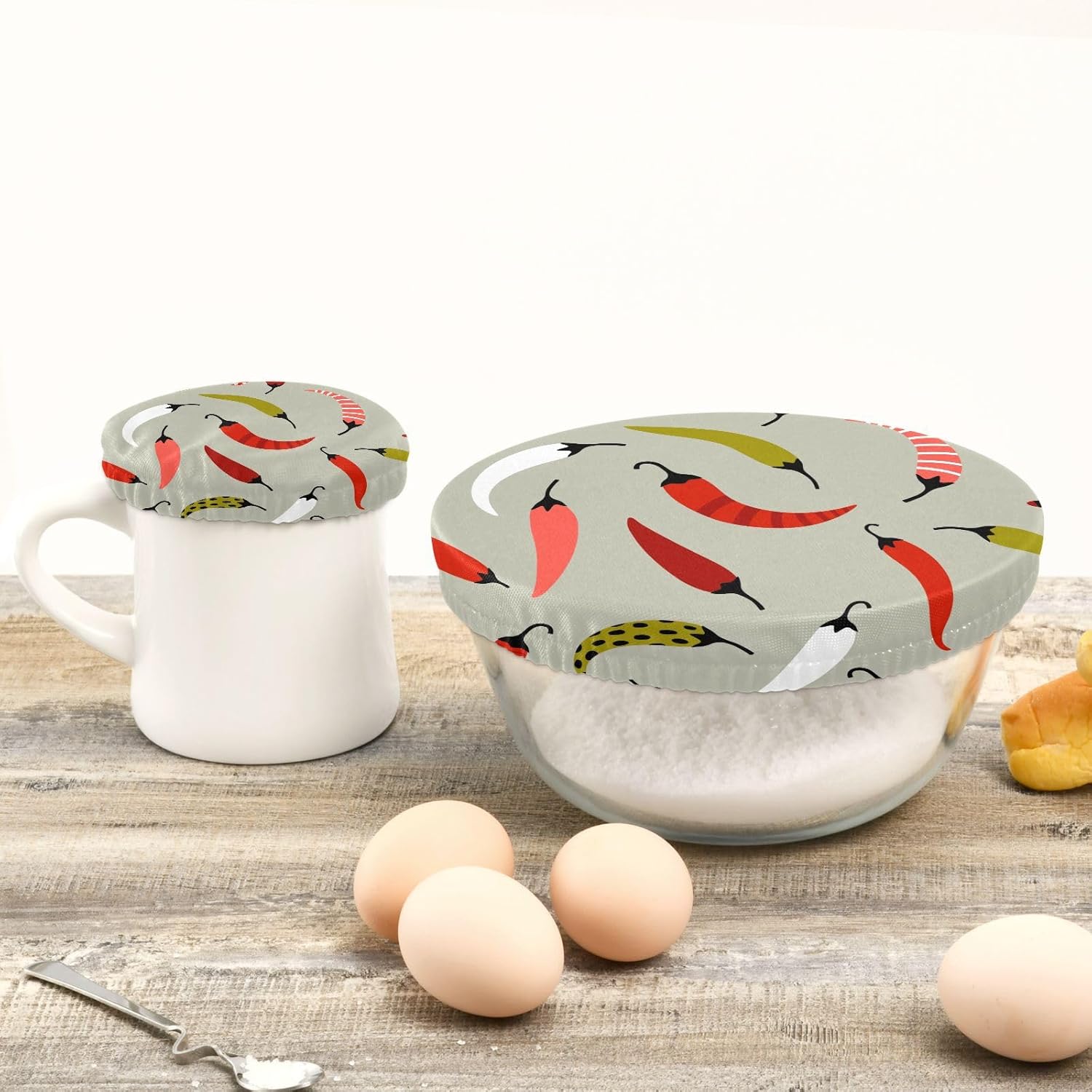 Chili Pepper 5PCS Reusable Elastic Bowl Covers for Food Storage Stretch Cloth Fabric Lids with 5 Different Sizes Waterproof Bowl Covers for Bread