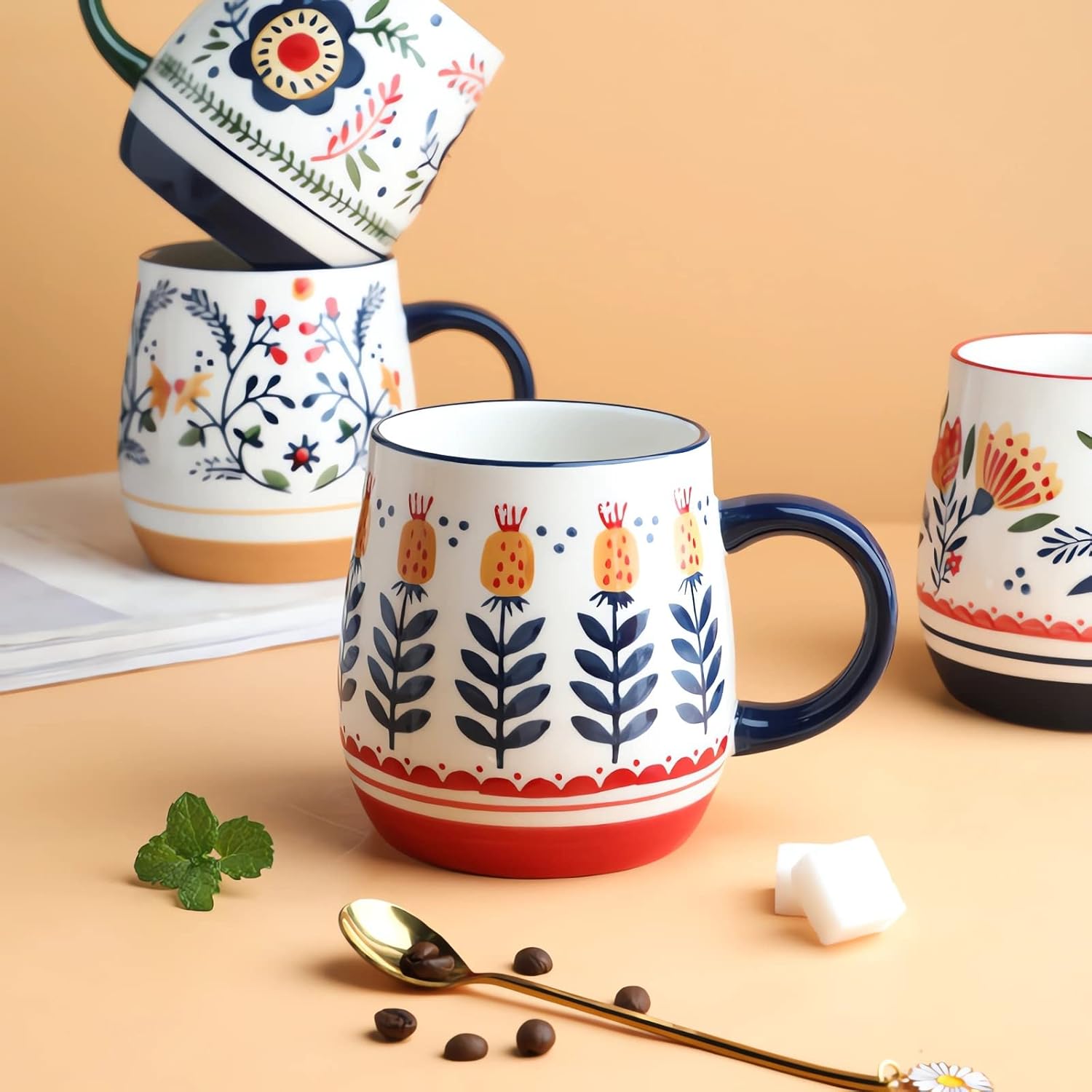 Juego de 2 tazas de café de cerámica de 16 onzas, diseño de flores, taza de café de cerámica para té con leche, capuchino, el mejor regalo de