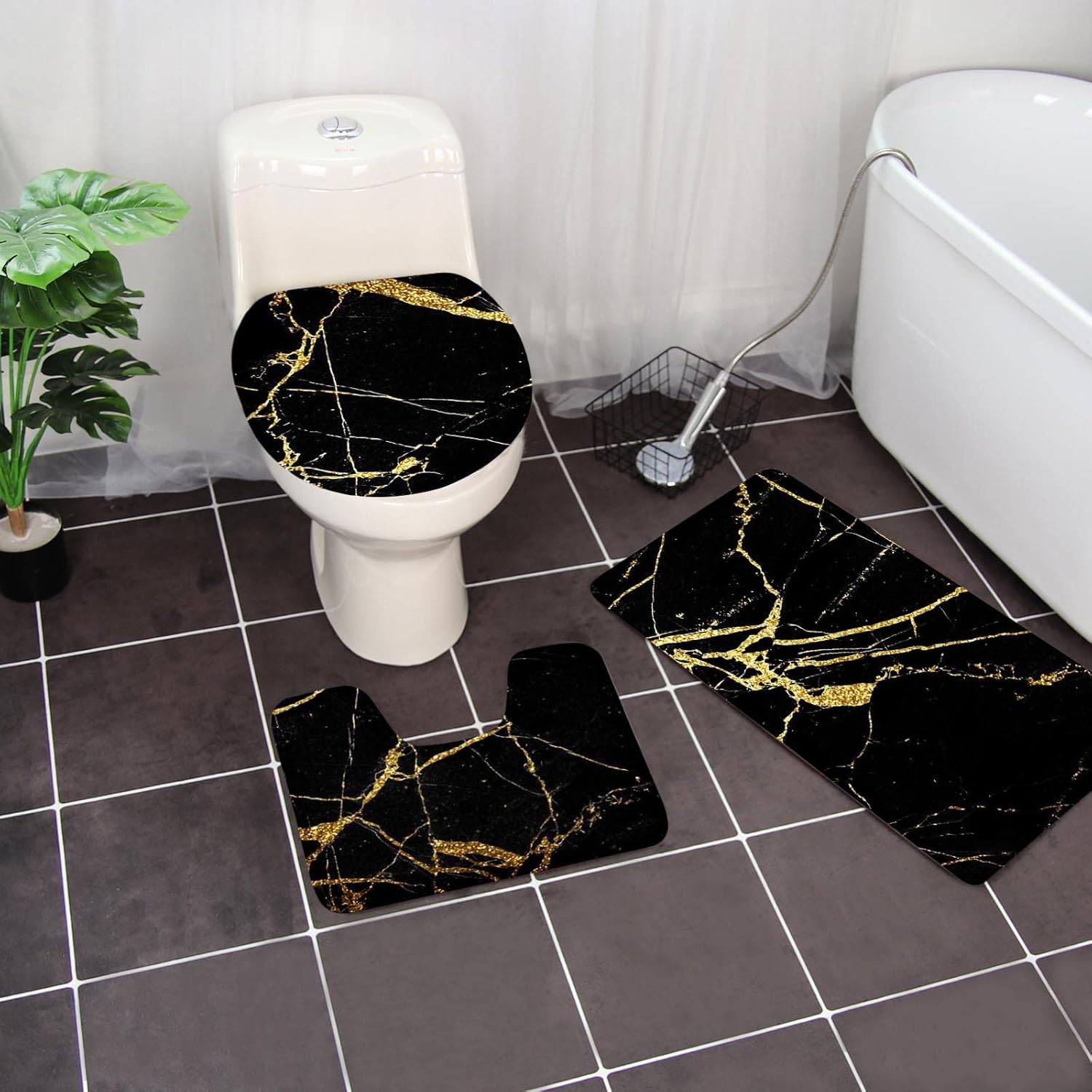PMUYBHF Juego de 3 alfombras de baño con contorno en forma de U, antideslizante, tapete de baño de espuma viscoelástica + cubierta de tapa de