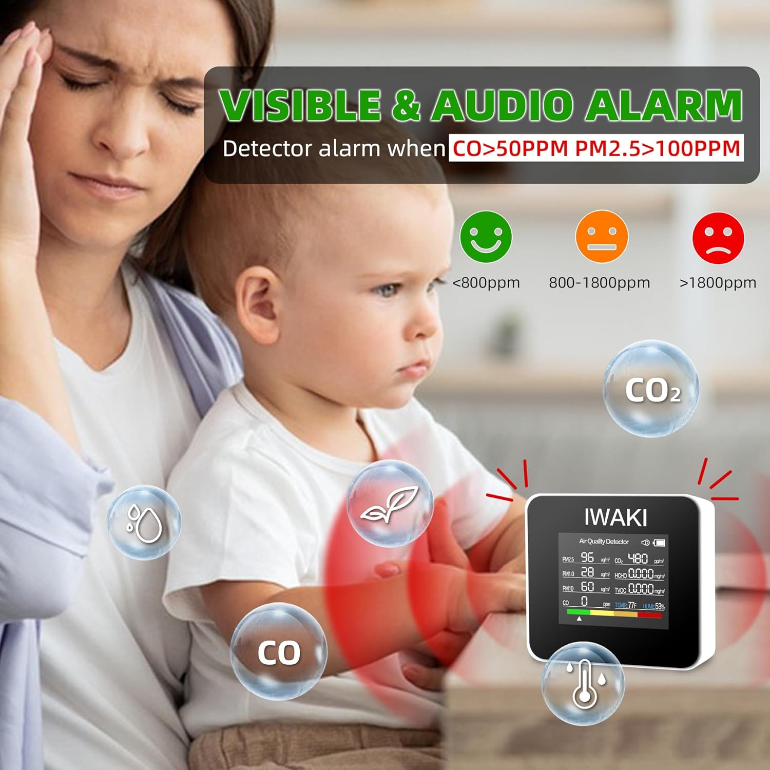 iwaki Detectores de monóxido de carbono 9 en 1 Monitor portátil de CO detecta monóxido de carbono (CO) Medidas CO2 PM2.5 TVOC HCHO PM1.0 PM10 para