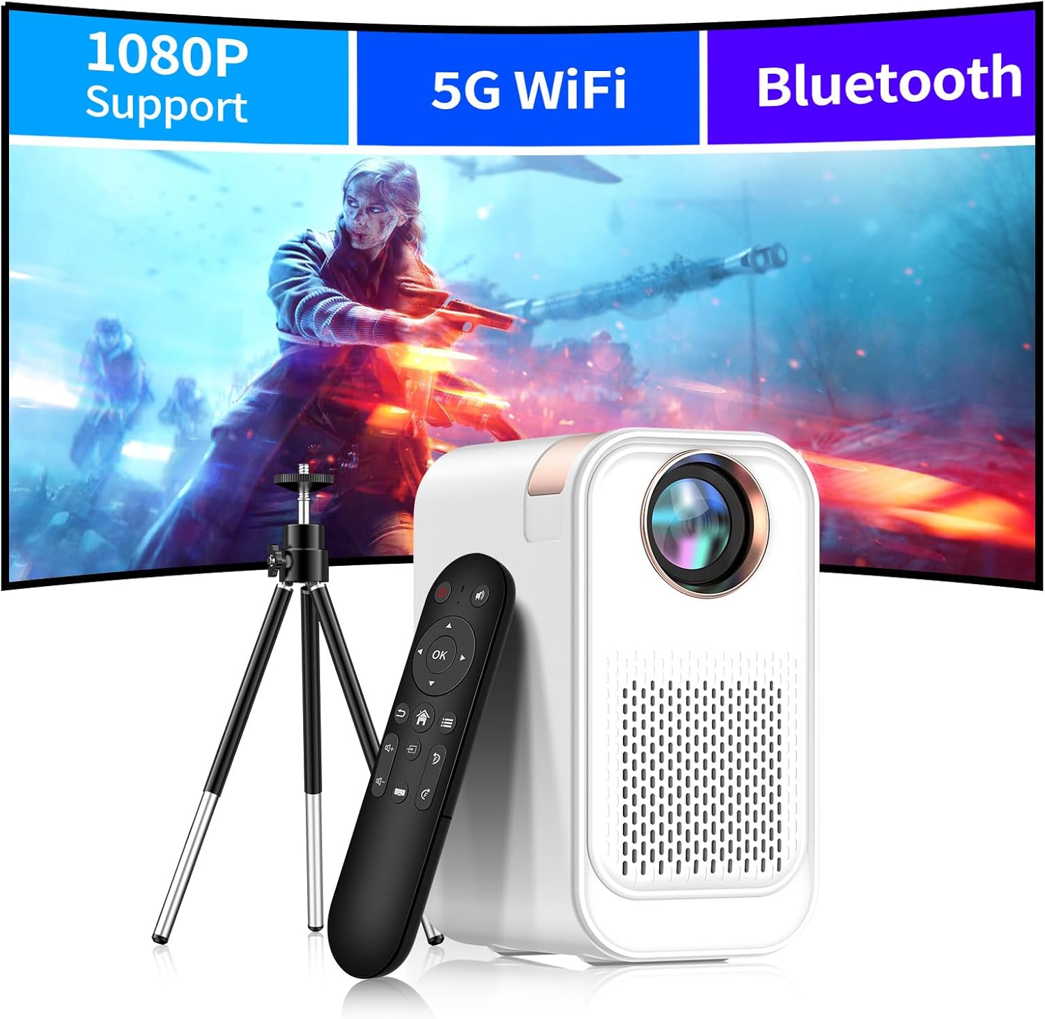 Mini proyector con WiFi 5G y Bluetooth, proyector compatible con 1080P con soporte para proyector, proyector de películas compatible con iOSAndroid,
