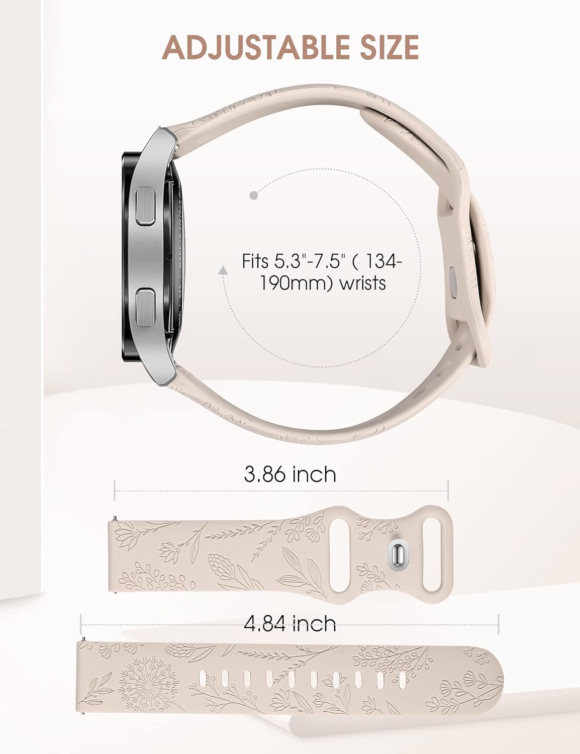 W-RARA Correa deportiva con grabado floral compatible con Samsung Galaxy Watch 654Active 2 de 1.575 pulgadas, 1.732 pulgadas, Watch 5 Pro de 1.772